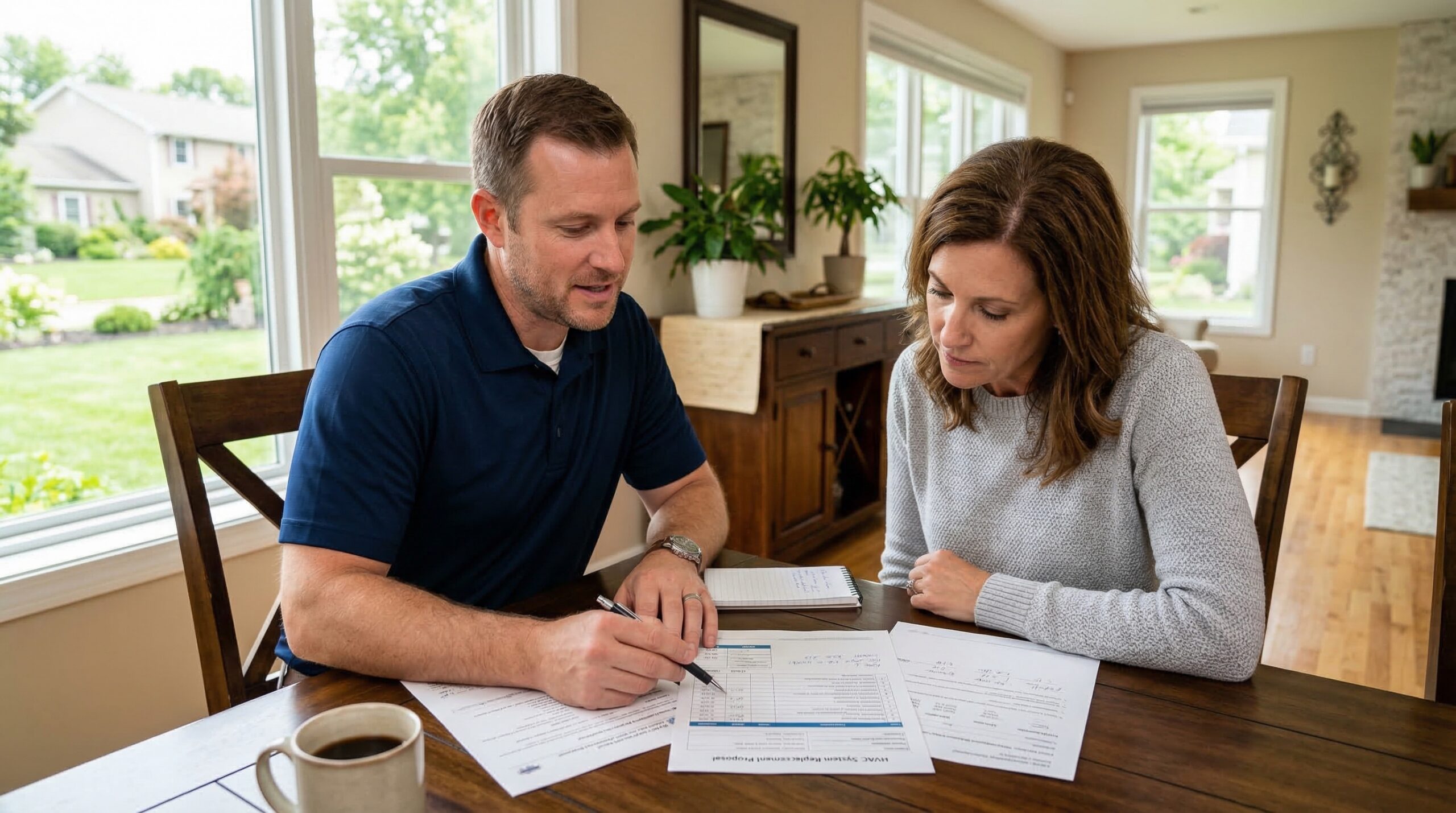 HVAC contractor reviewing AC sizing options and replacement quote with homeowner at kitchen table