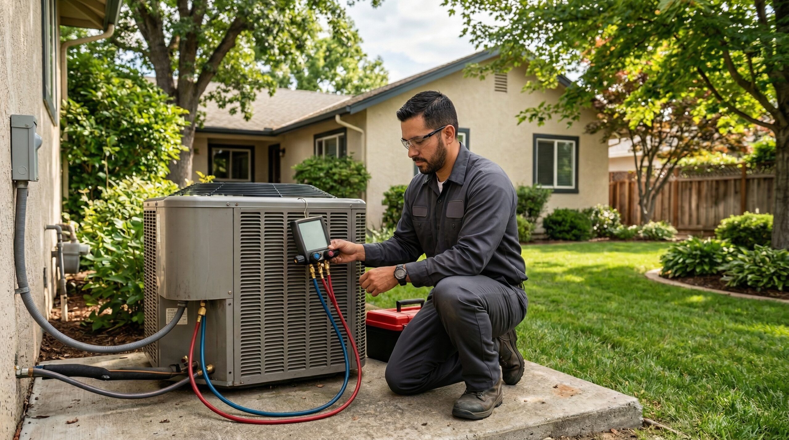 HVAC technician inspecting Amana outdoor condenser unit at residential home