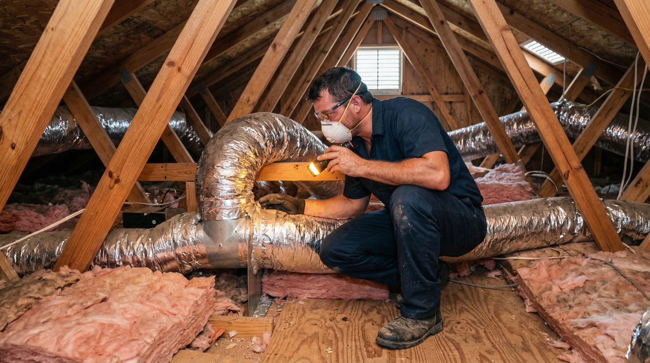 HVAC technician inspecting ductwork in Florida residential attic