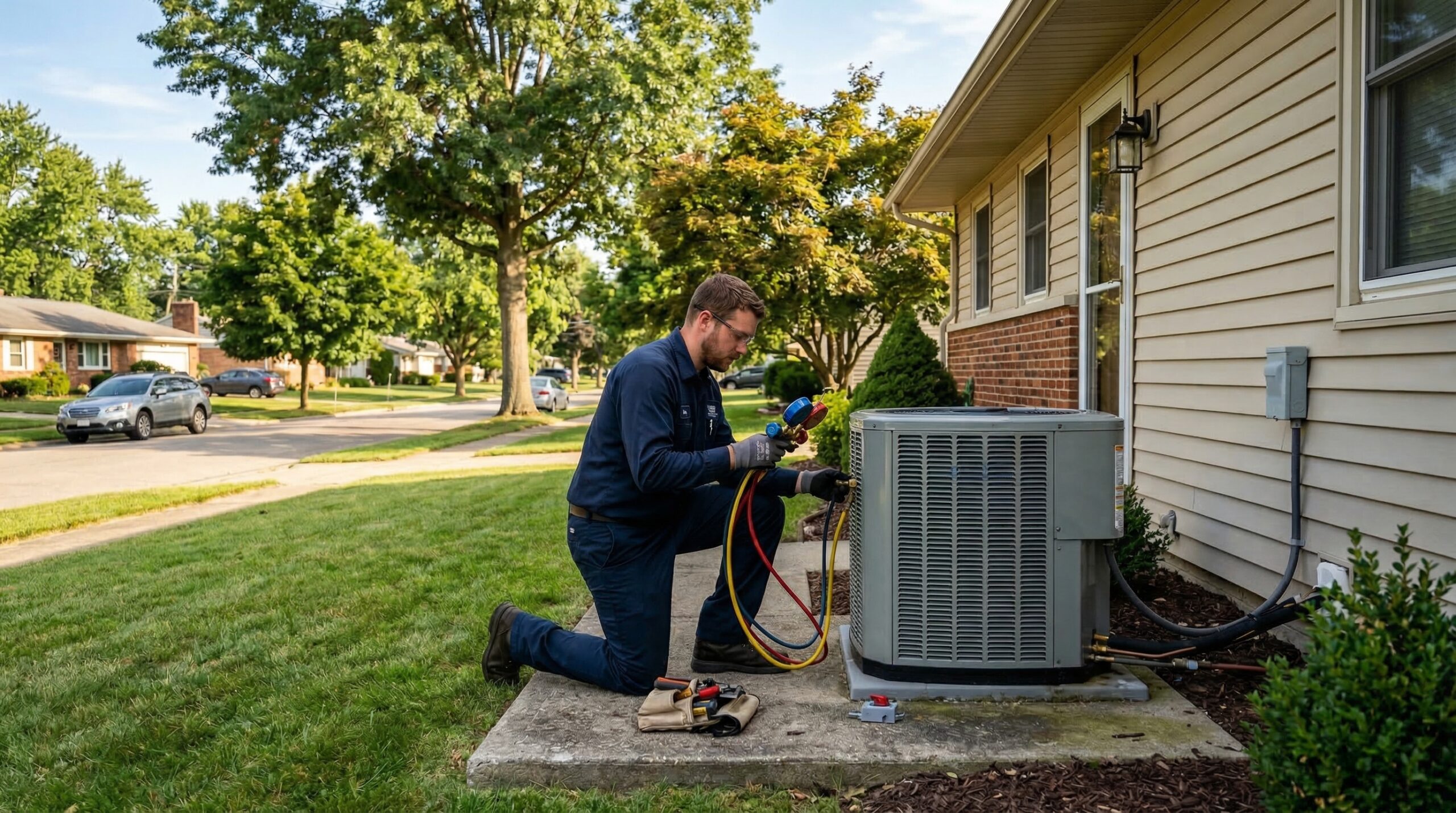 HVAC technician kneeling beside residential AC condenser unit at Columbus, Ohio ranch home
