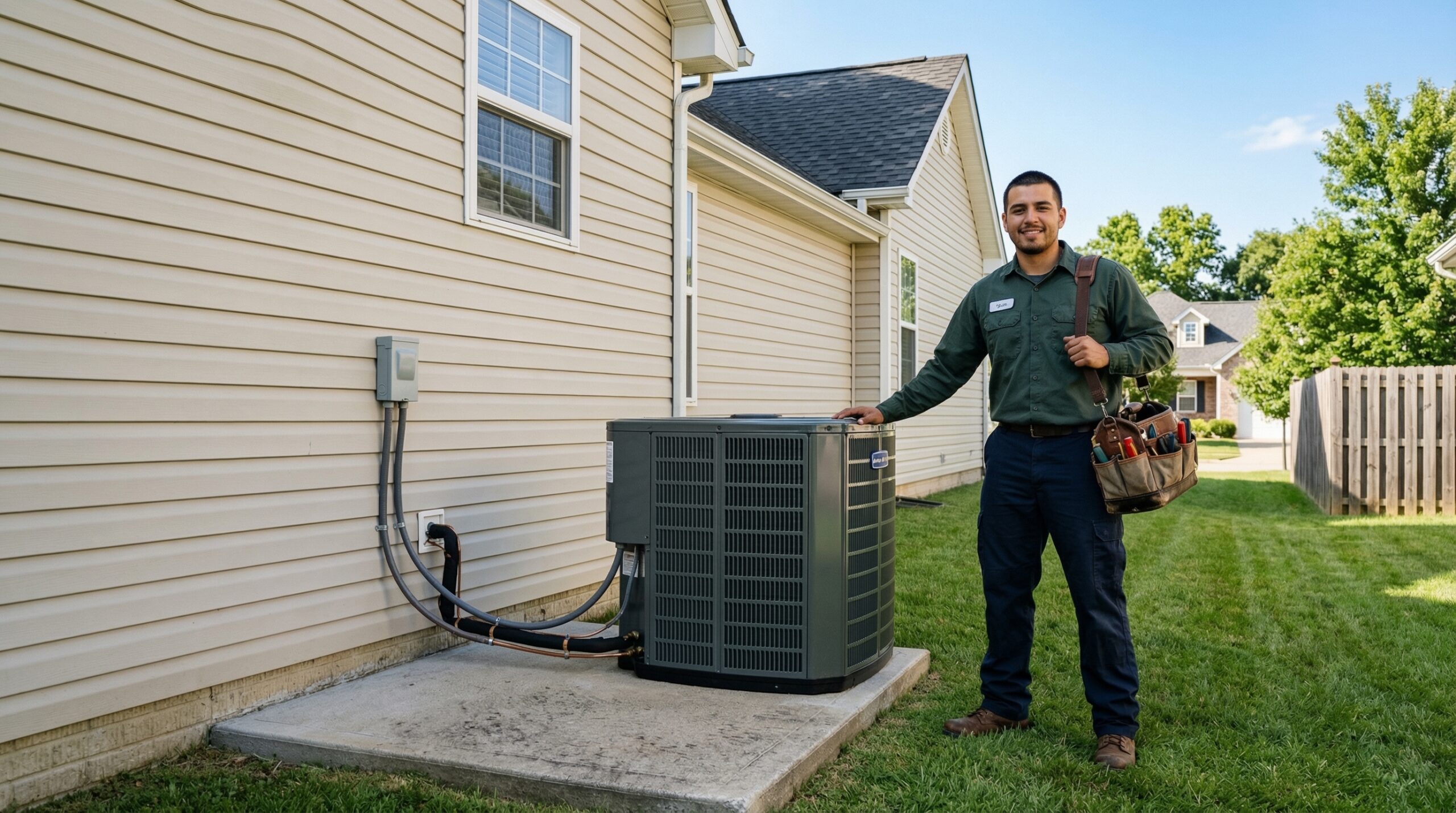 HVAC technician standing beside newly installed AC condenser outside suburban American home, vinyl siding, green lawn