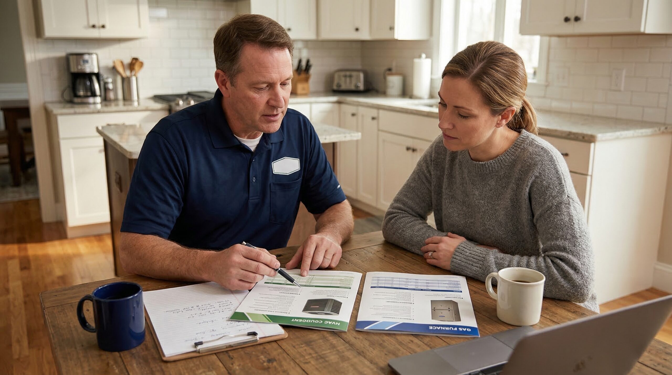 HVAC contractor reviewing Goodman and Carrier specifications with homeowner at kitchen table