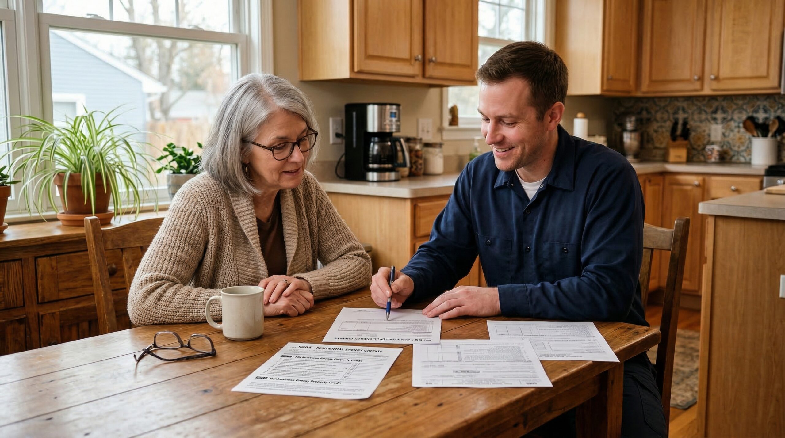 Homeowner and contractor reviewing heat pump tax credit paperwork at kitchen table