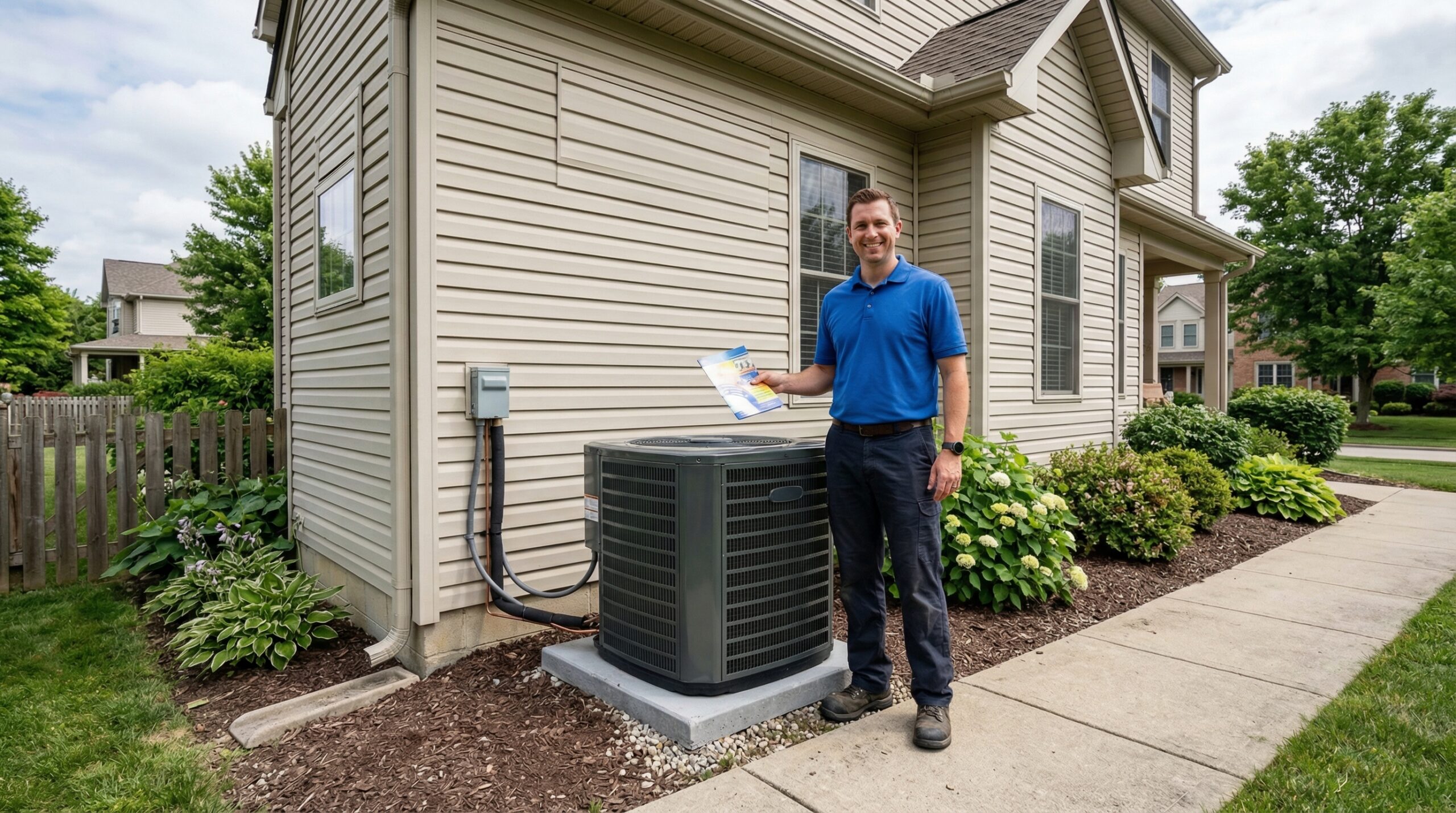 HVAC contractor beside newly installed AC condenser at suburban American home