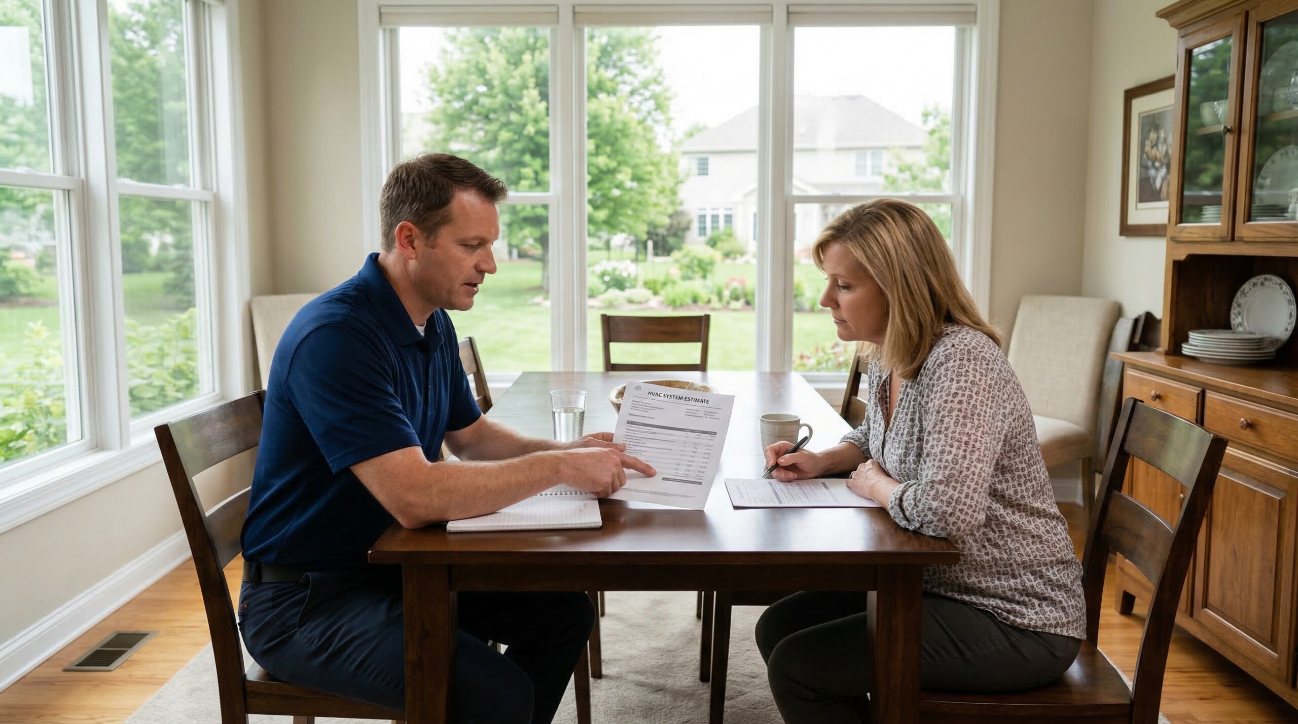 HVAC contractor seated at a dining room table across from a homeowner, reviewing printed HVAC replacement quote paperwork