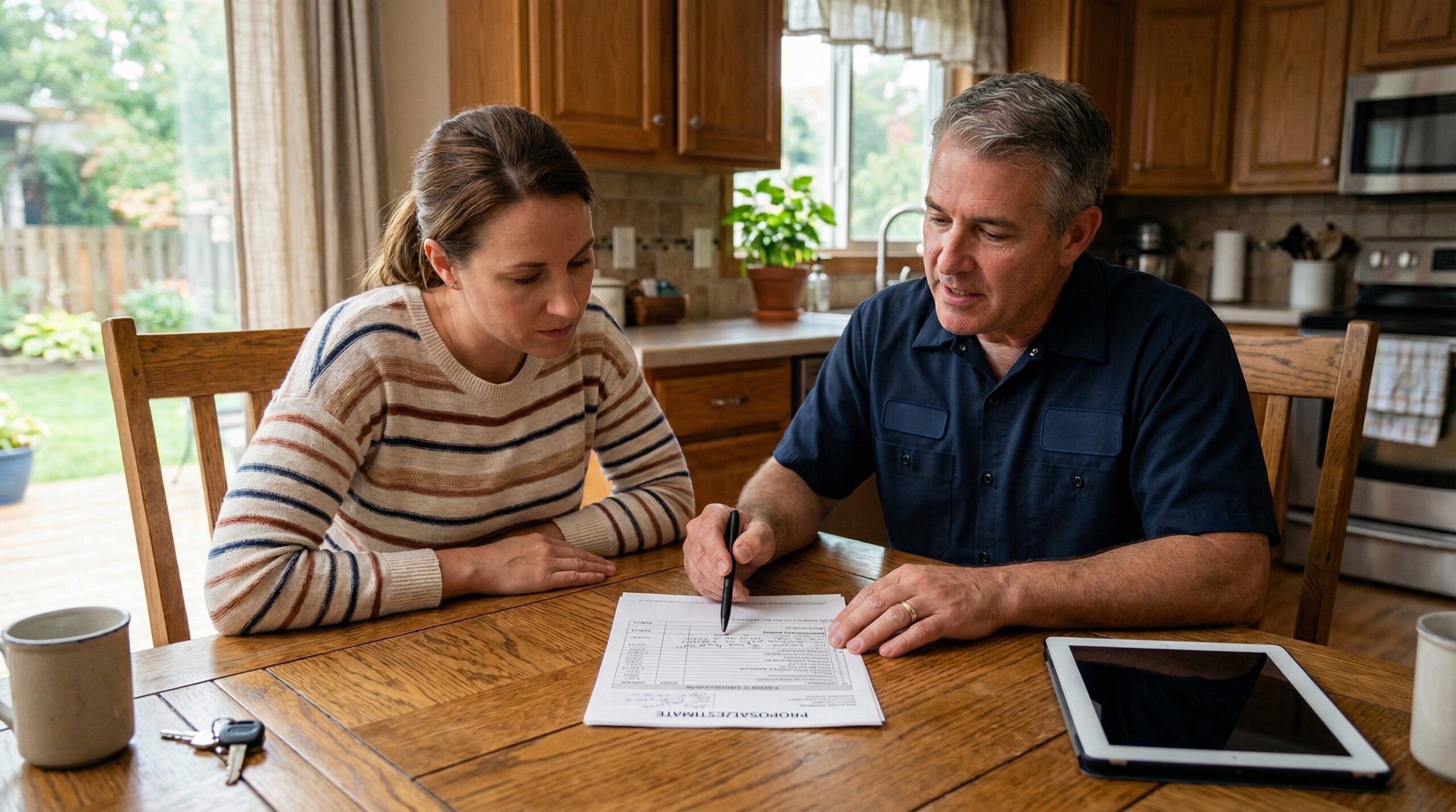 Contractor and homeowner reviewing printed HVAC quote at kitchen table