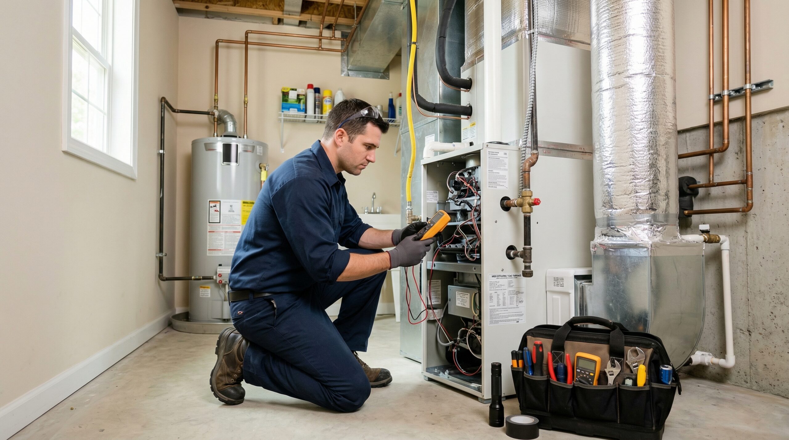 HVAC technician inspecting furnace in an Alpharetta, Georgia home