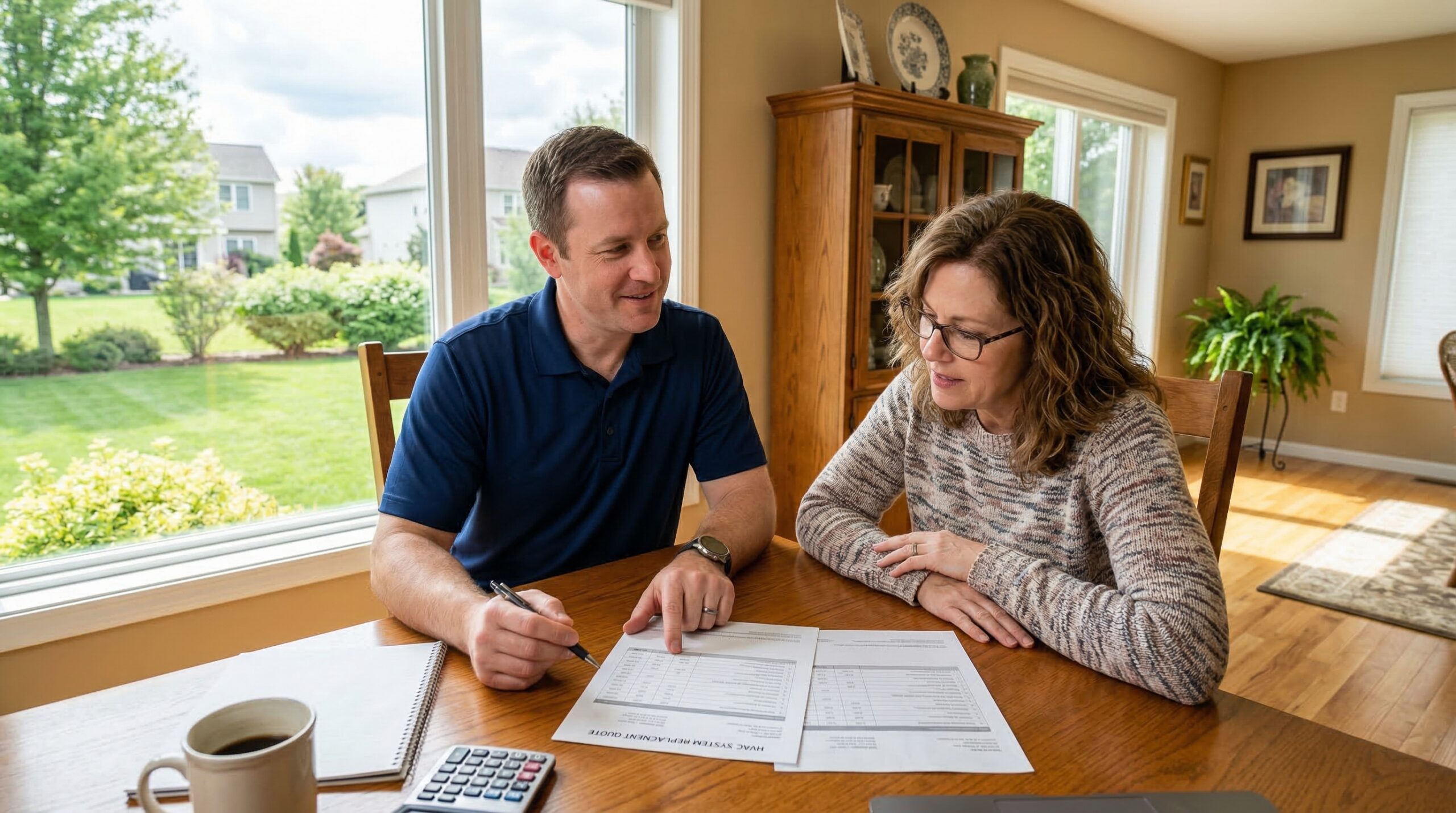 Contractor and homeowner reviewing HVAC bid comparison documents at dining room table