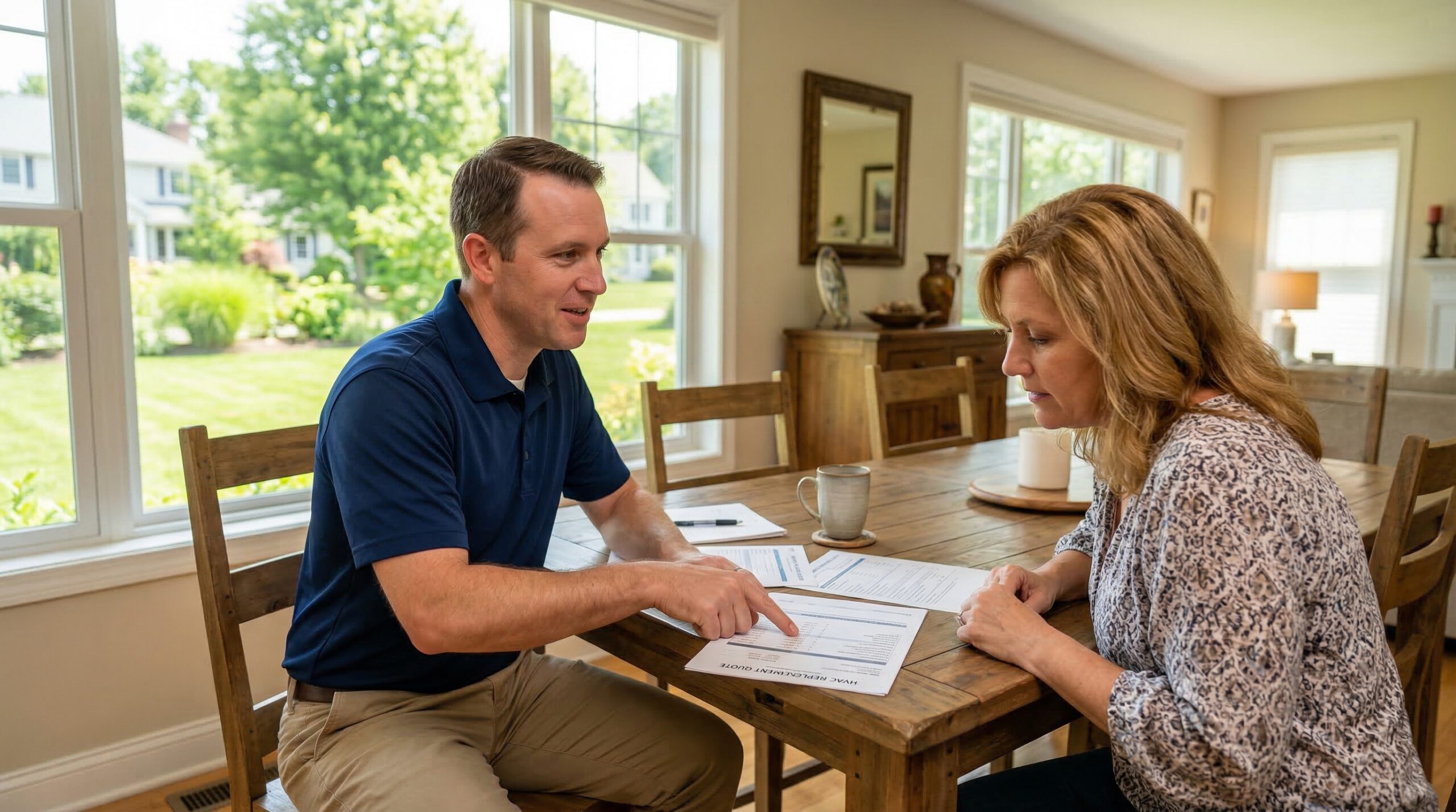 HVAC contractor reviewing blower motor replacement cost estimate with homeowner at dining table