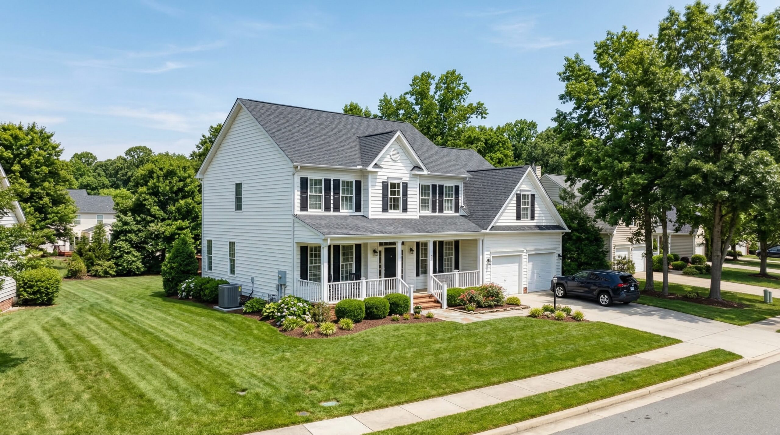 Suburban American home exterior with AC condenser unit visible on the side of the house