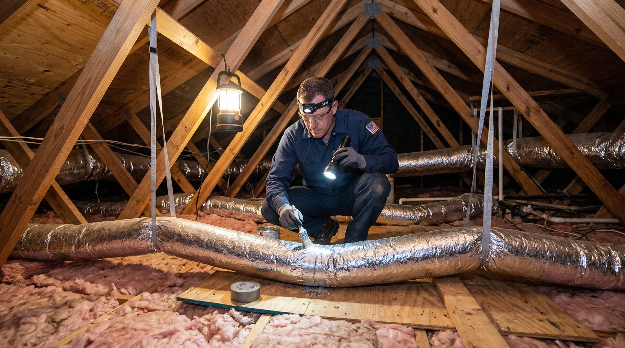 HVAC technician inspecting flexible ductwork with a flashlight in a residential attic