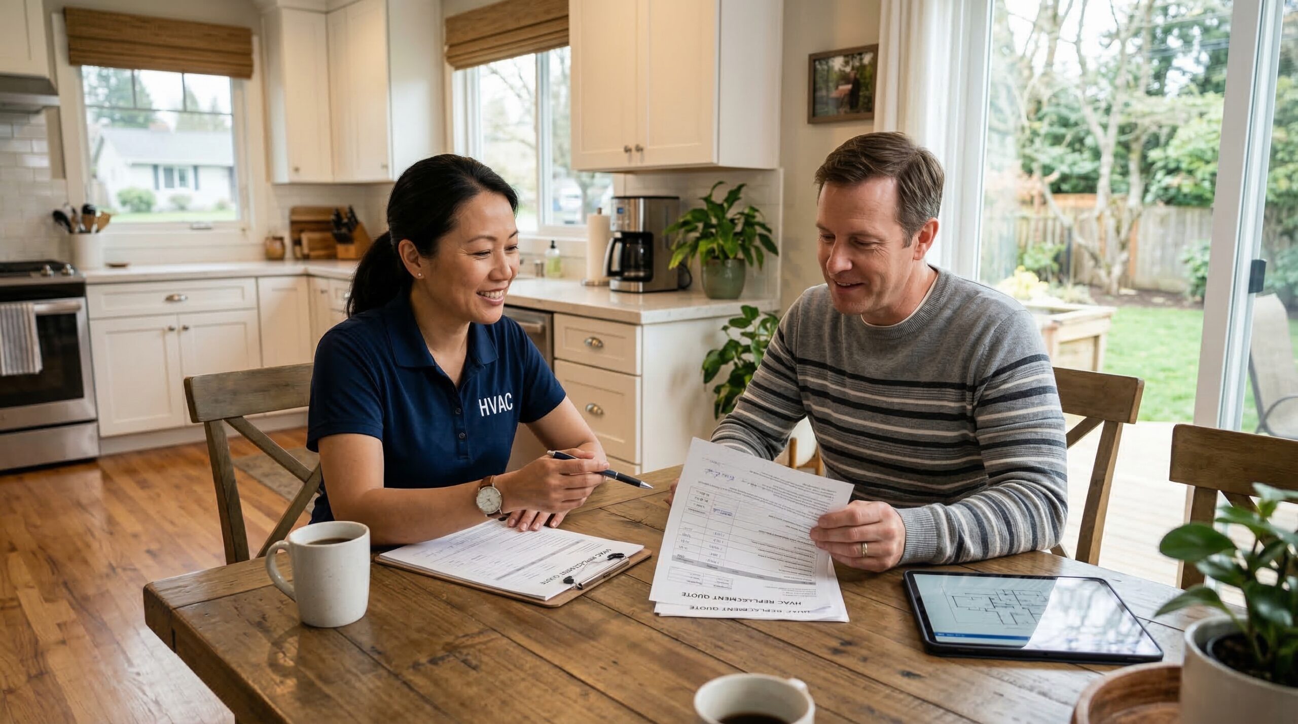 HVAC technician reviewing HVAC replacement quote with homeowner at kitchen table