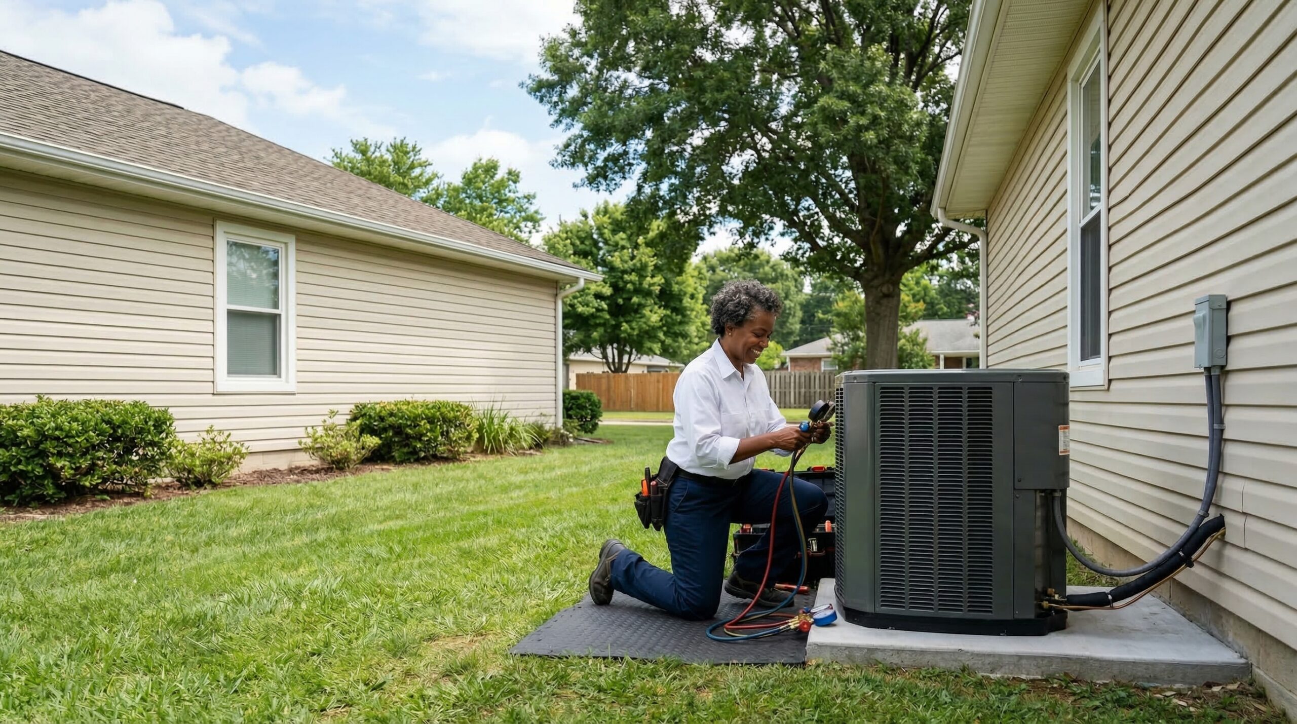 HVAC technician kneeling beside a new AC condenser outside a vinyl-sided ranch home