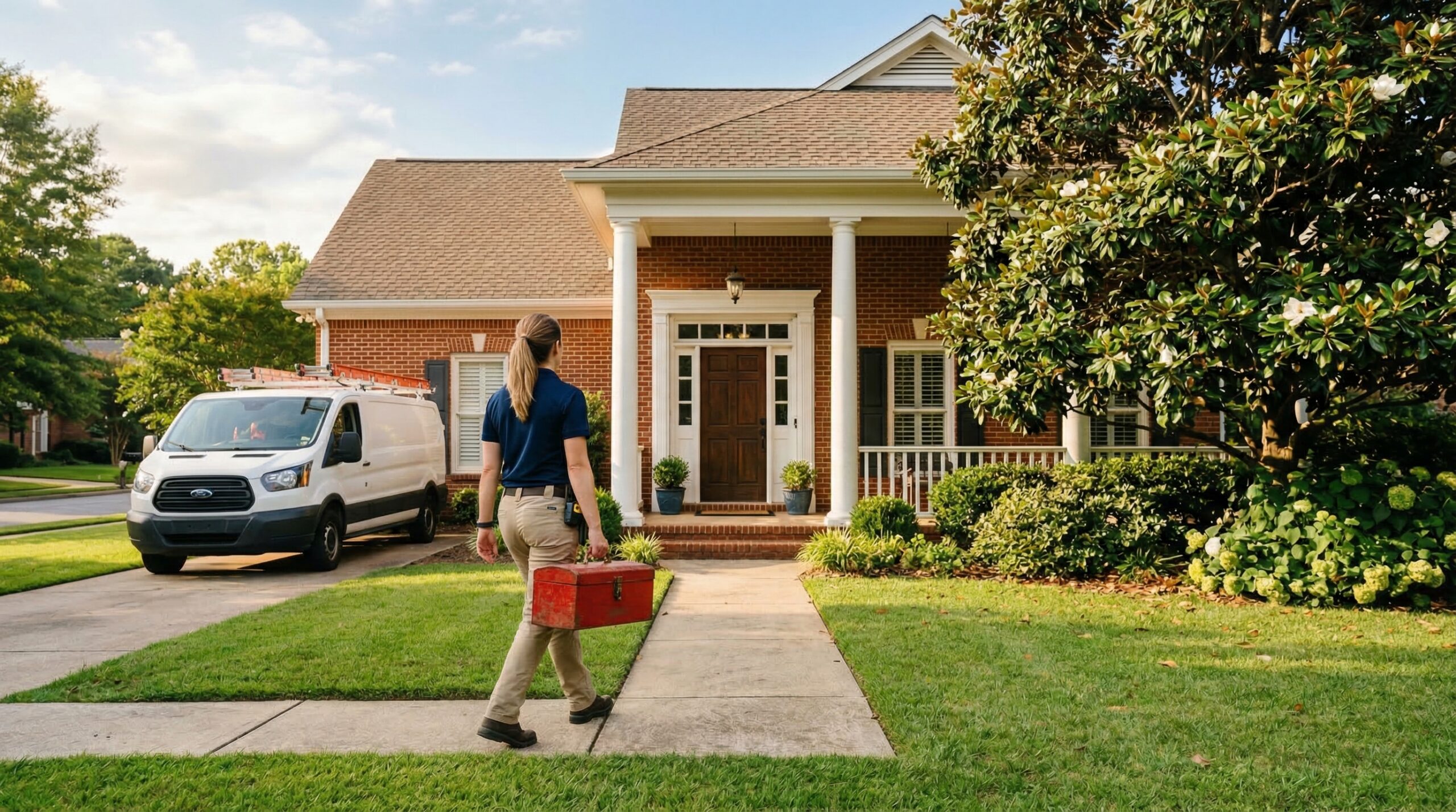 HVAC technician walking toward front door of traditional Alabama home with red brick facade and white columns