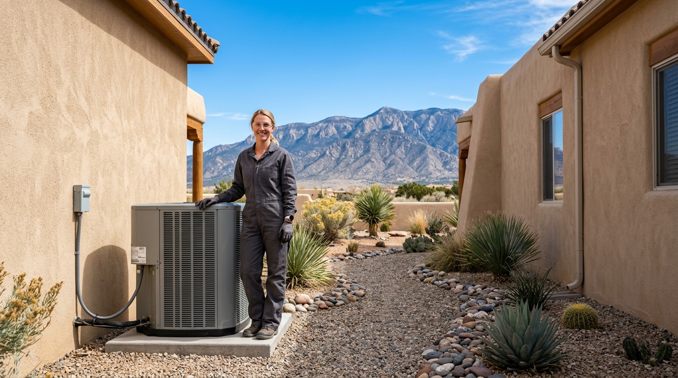 HVAC technician beside AC condenser unit at an Albuquerque New Mexico adobe-style stucco home with Sandia Mountains in background