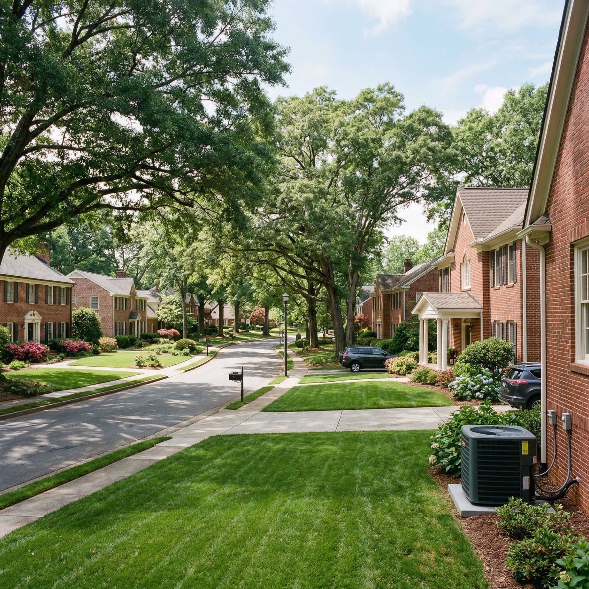 Southern suburban Atlanta neighborhood, brick homes, mature oak trees, green lawns