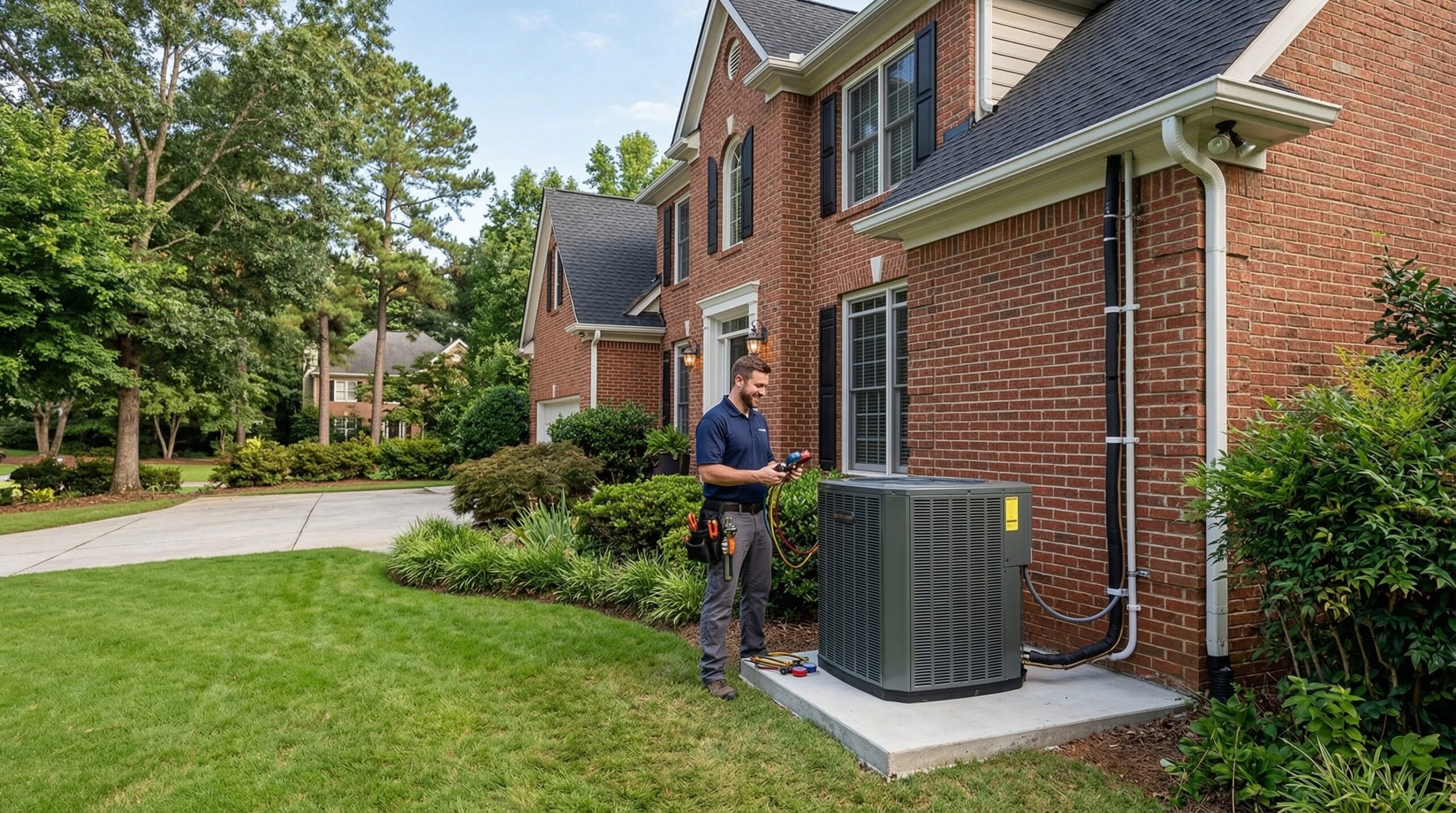 HVAC technician beside newly installed heat pump beside Atlanta GA suburban home, brick exterior, green lawn, concrete pad