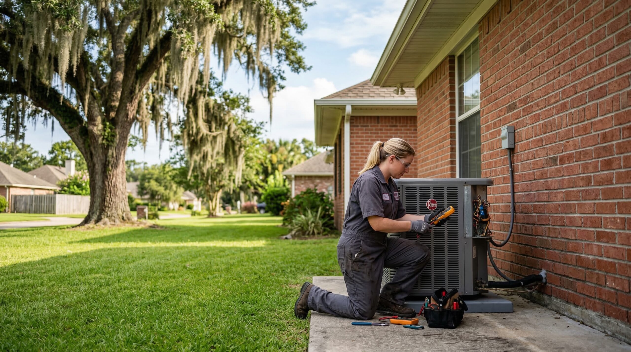 HVAC technician beside AC condenser on concrete equipment pad at Baton Rouge Louisiana brick home with live oak trees