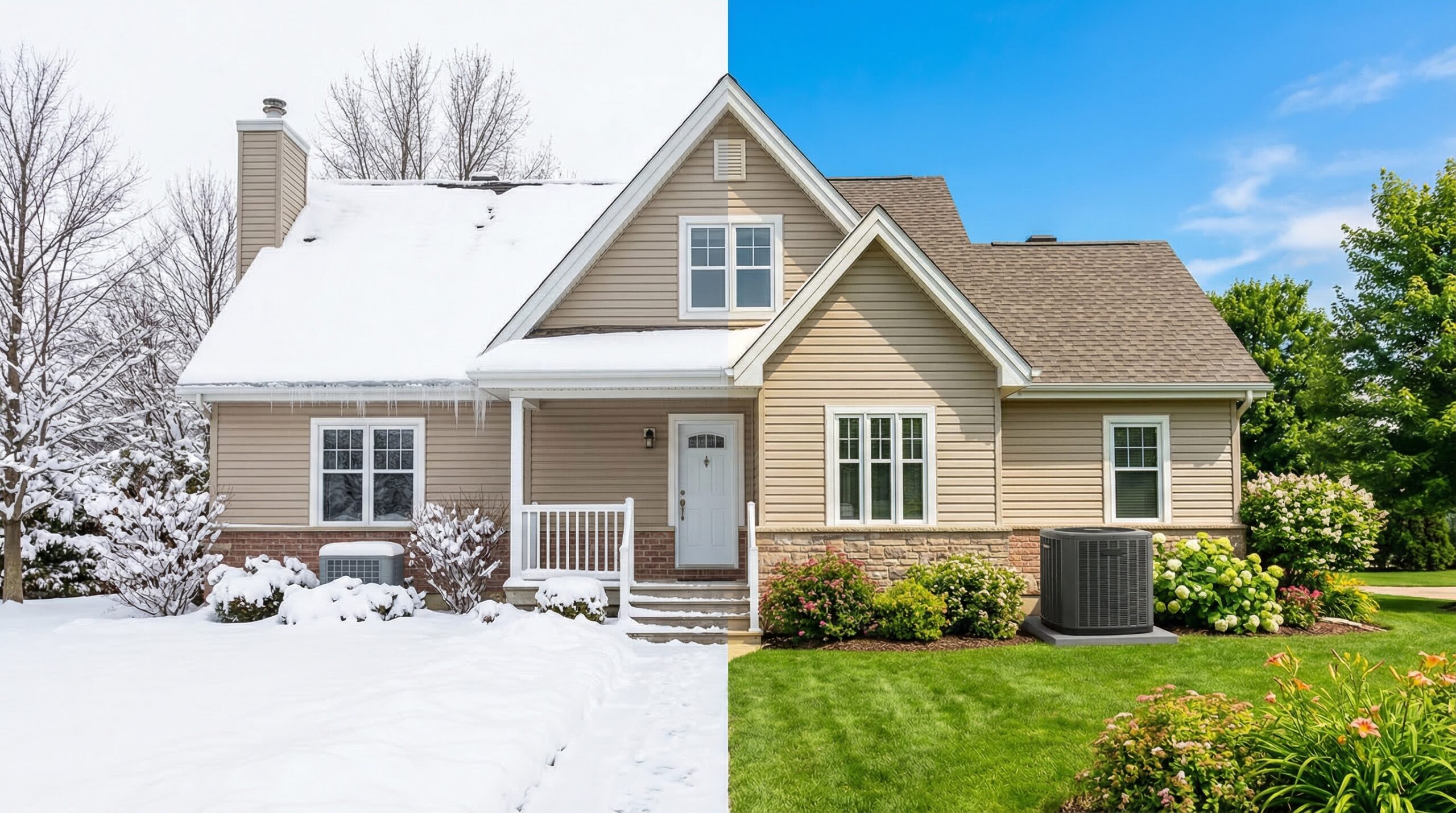 Residential home exterior showing seasonal HVAC replacement cost differences, AC condenser unit on concrete pad along side of suburban home
