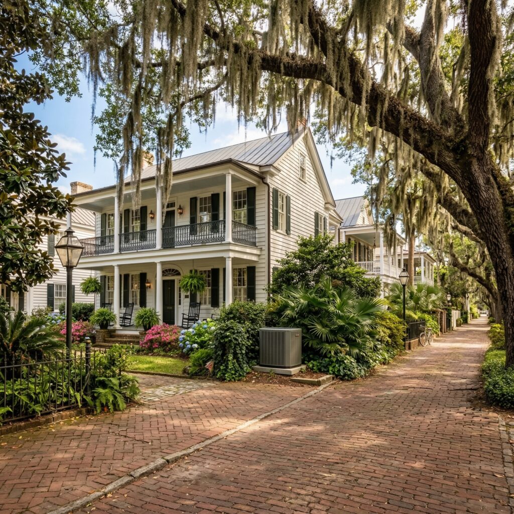 Coastal South Carolina neighborhood near Charleston, southern colonial homes, live oaks