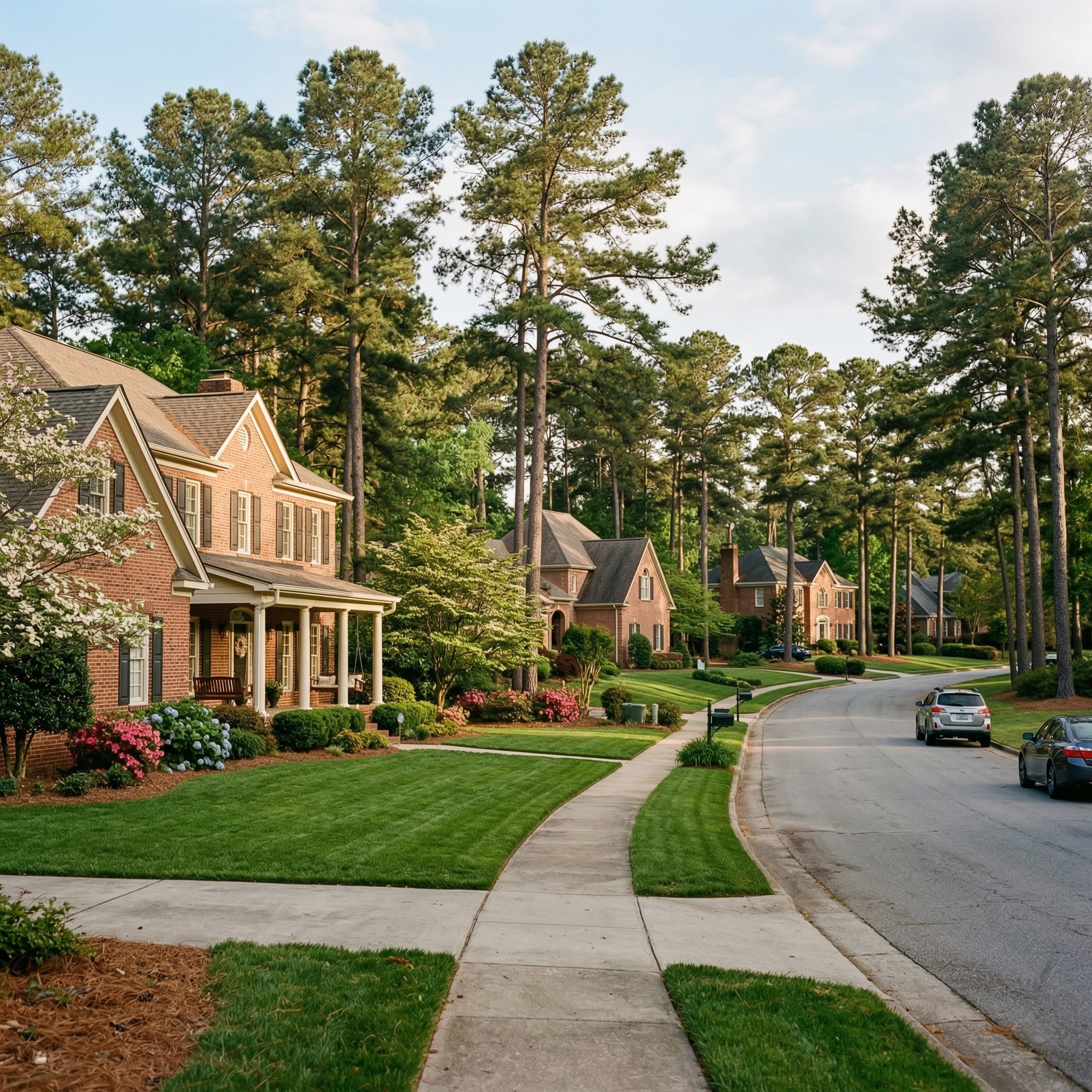 Columbia South Carolina suburban neighborhood with brick homes and pine trees