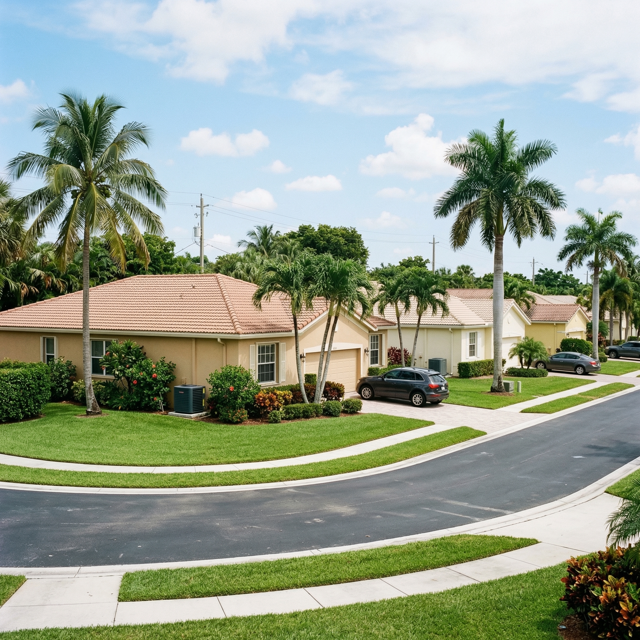 South Florida suburban Fort Lauderdale neighborhood with stucco homes palm trees and AC condenser units