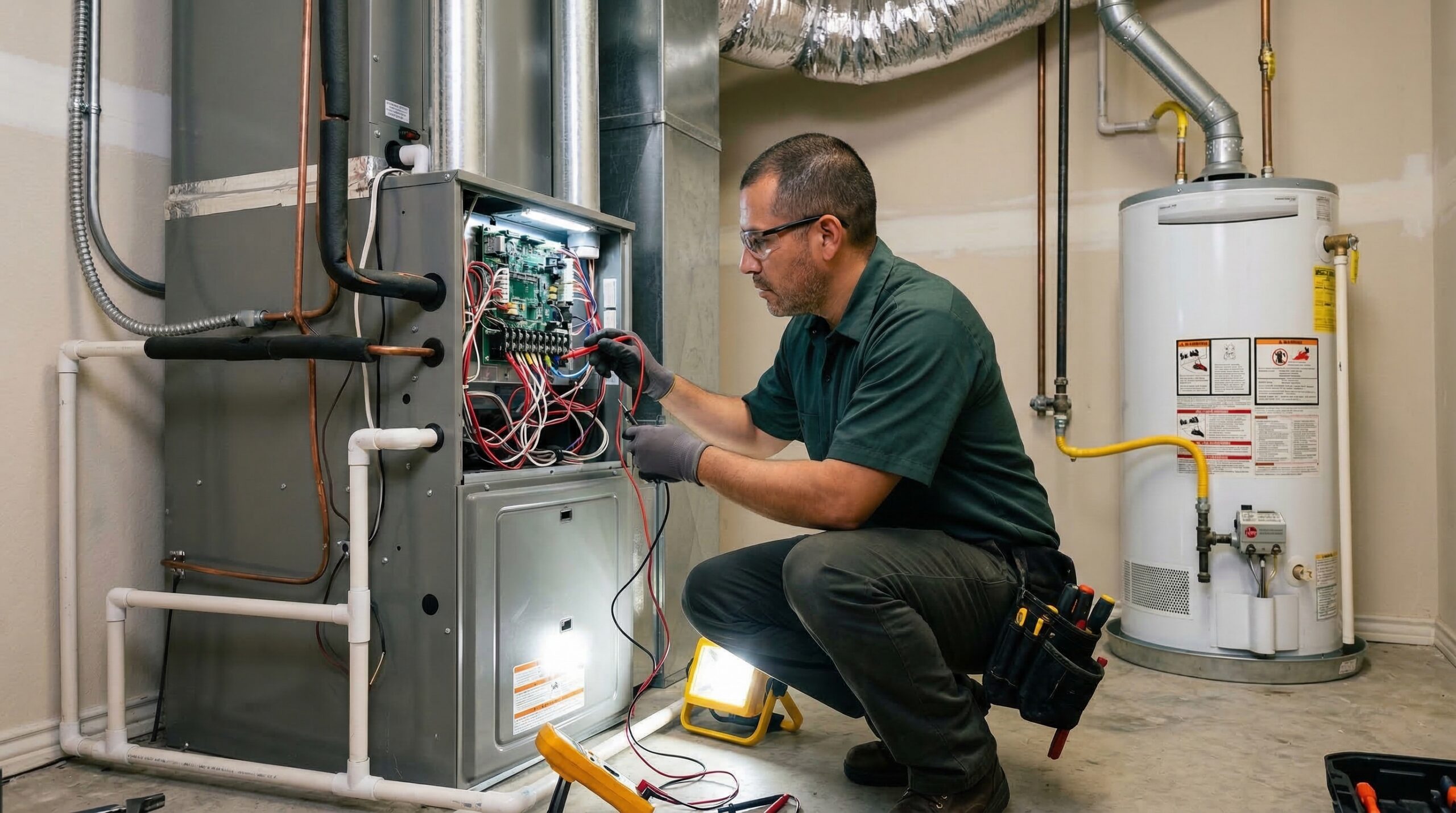 HVAC technician inspecting furnace and air handler in utility room of Irving Texas home