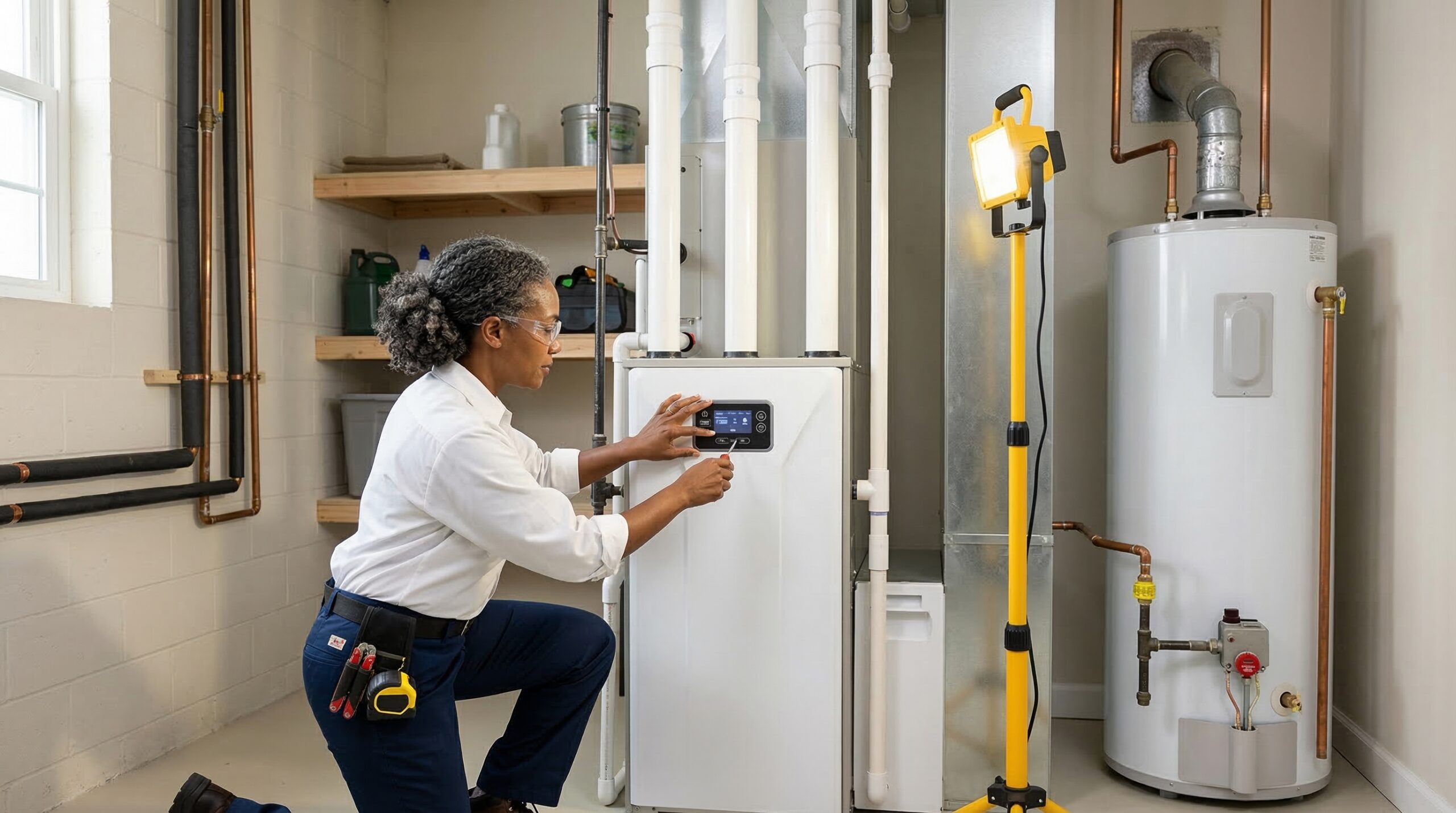 HVAC technician adjusting a furnace control panel in a residential utility room beside a water heater