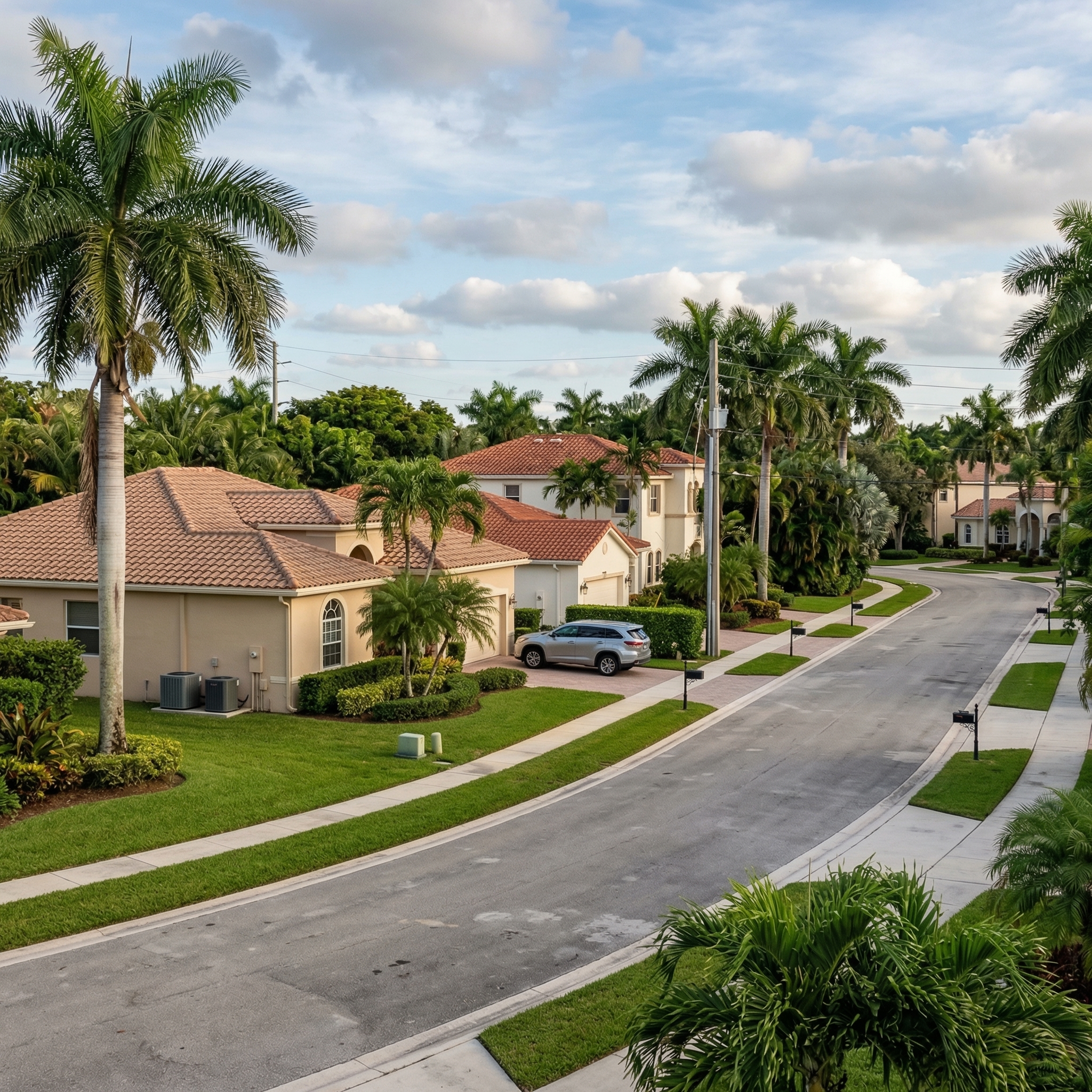 South Florida suburban Miami neighborhood with stucco homes and palm trees