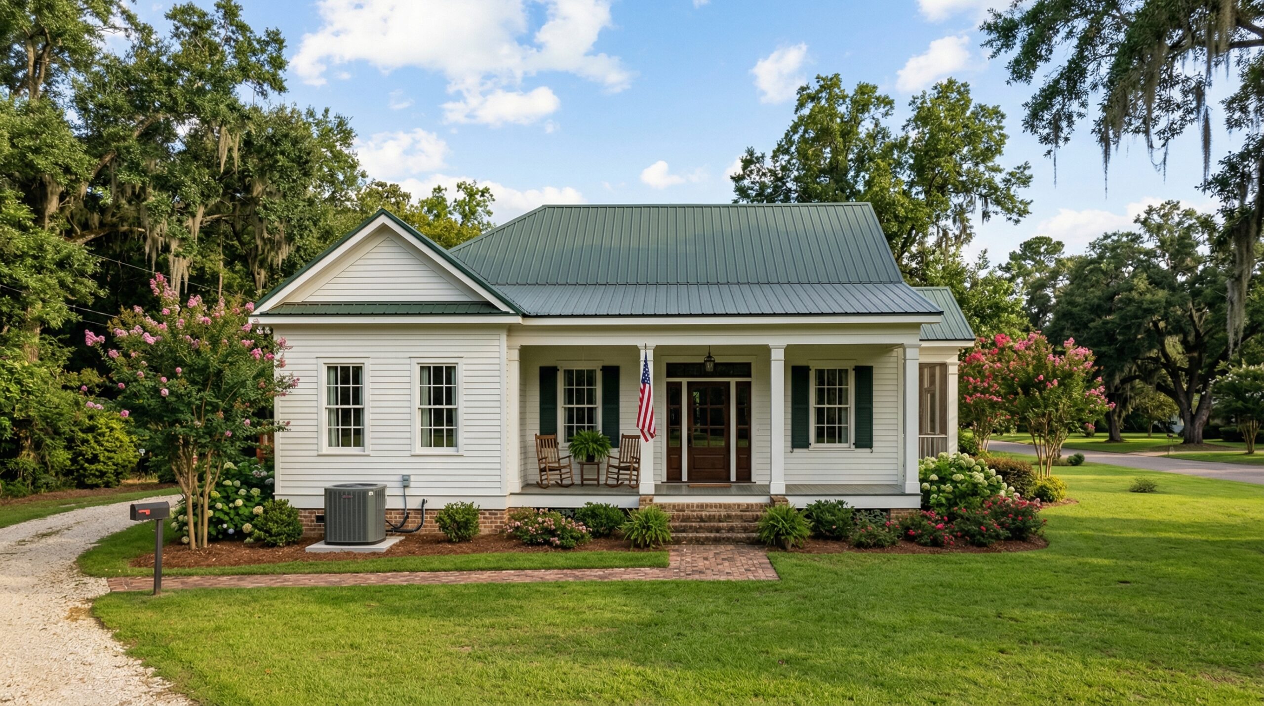 HVAC condenser unit beside traditional Mississippi home