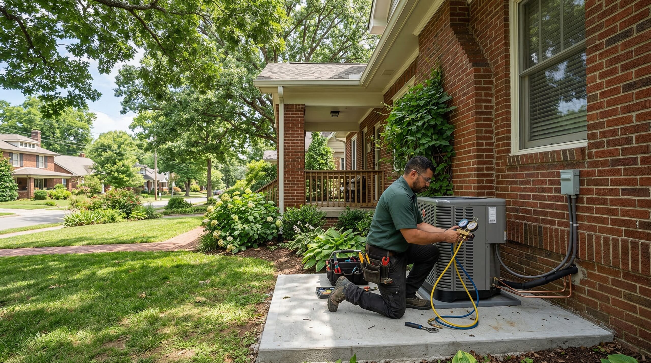 HVAC technician inspecting furnace in Nashville Tennessee residential utility room