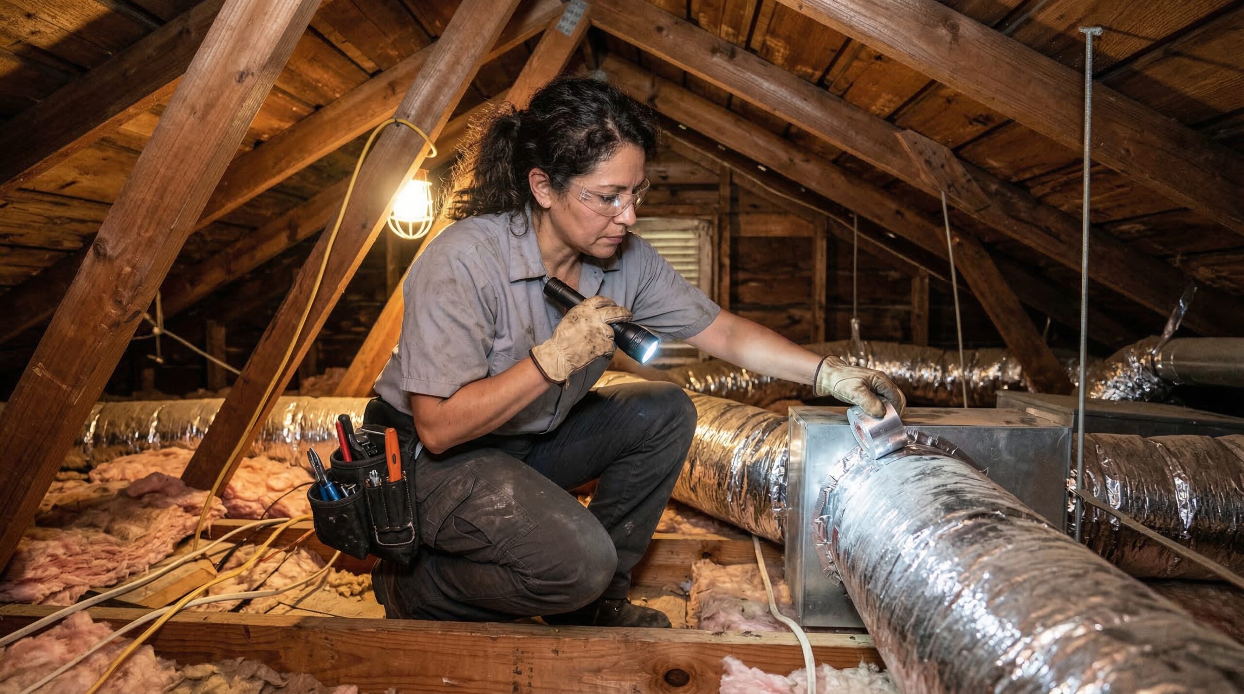 HVAC technician inspecting attic ductwork in older New Orleans home