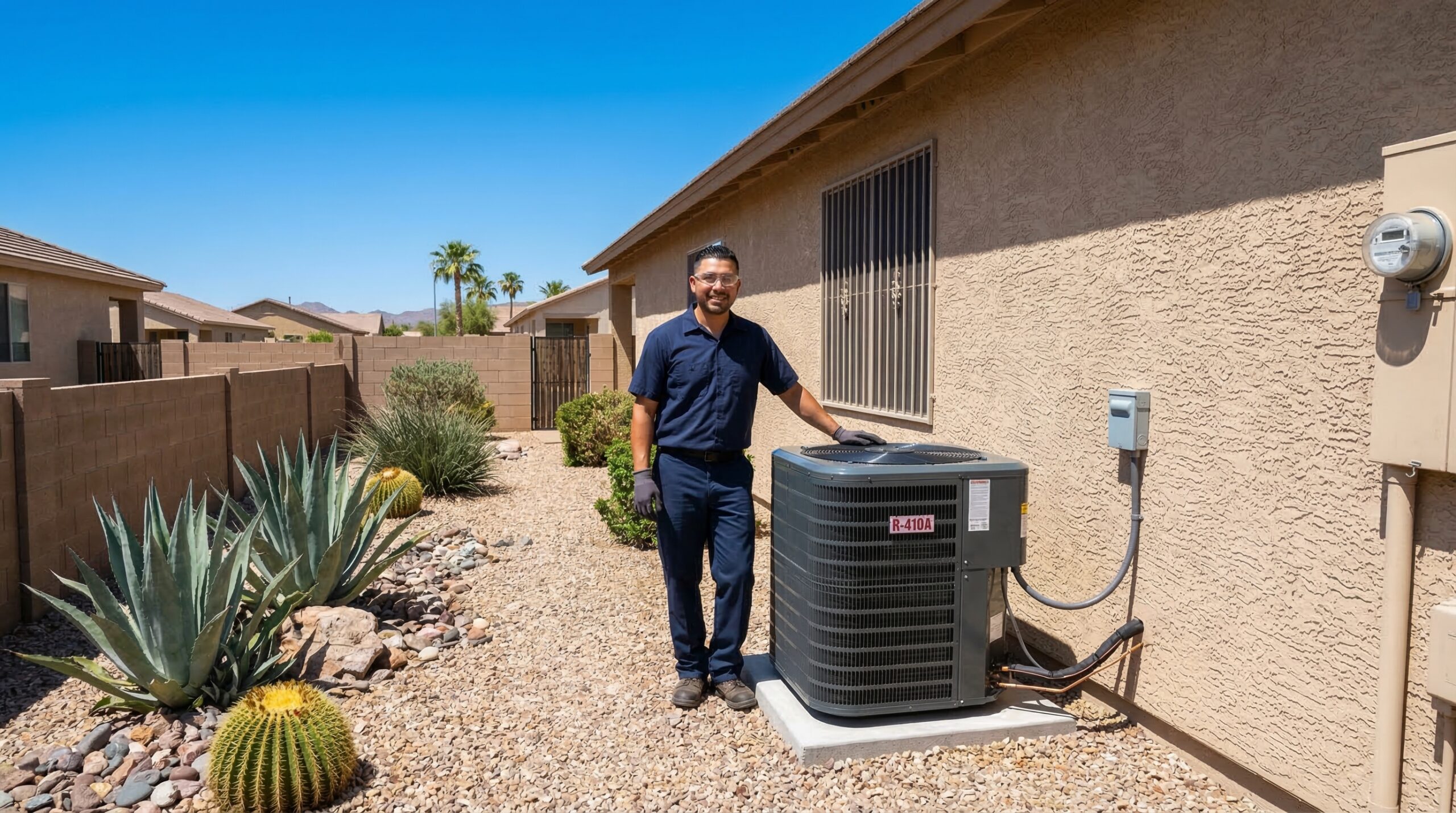 HVAC technician beside a new AC condenser at a stucco home with desert landscaping