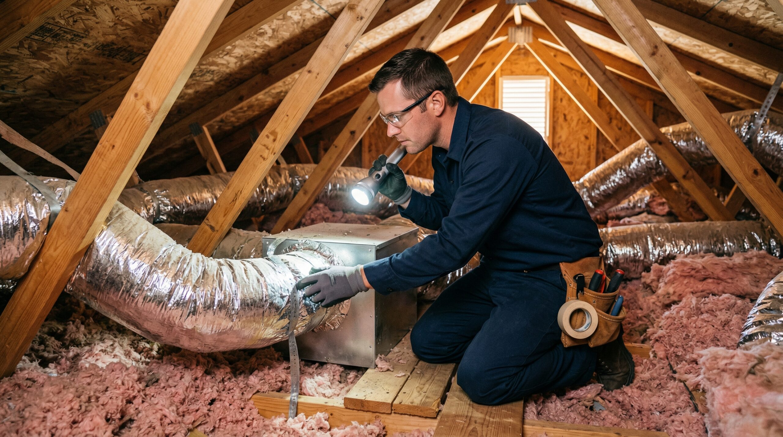 HVAC technician inspecting flexible ductwork in a Utah home attic space, flashlight visible, work uniform