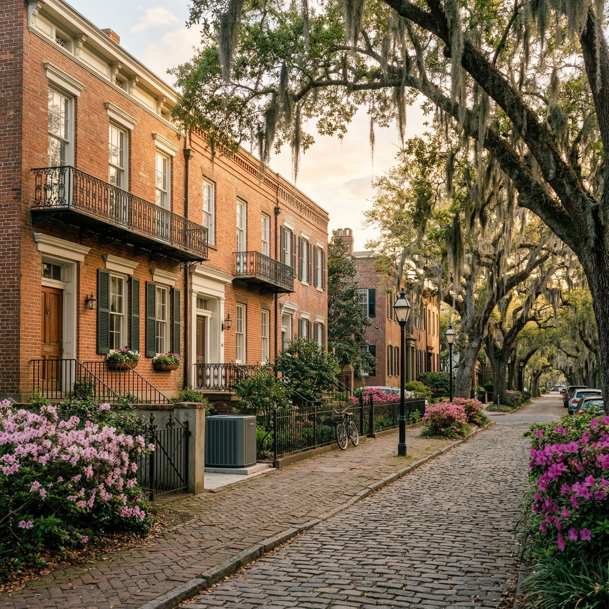 Coastal Georgia neighborhood near Savannah, antebellum home with columns and Spanish moss