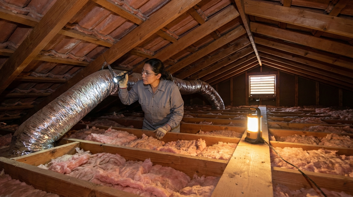 HVAC technician inspecting ductwork in Scottsdale Arizona attic
