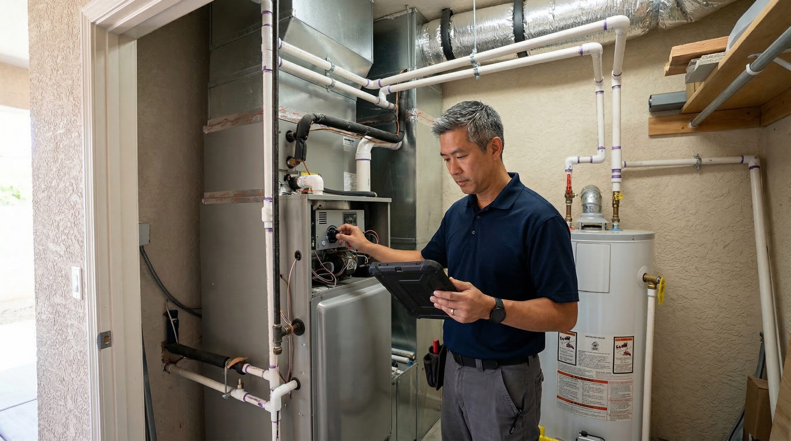 HVAC technician standing inside residential utility room adjusting new air handler unit, stucco wall finish visible