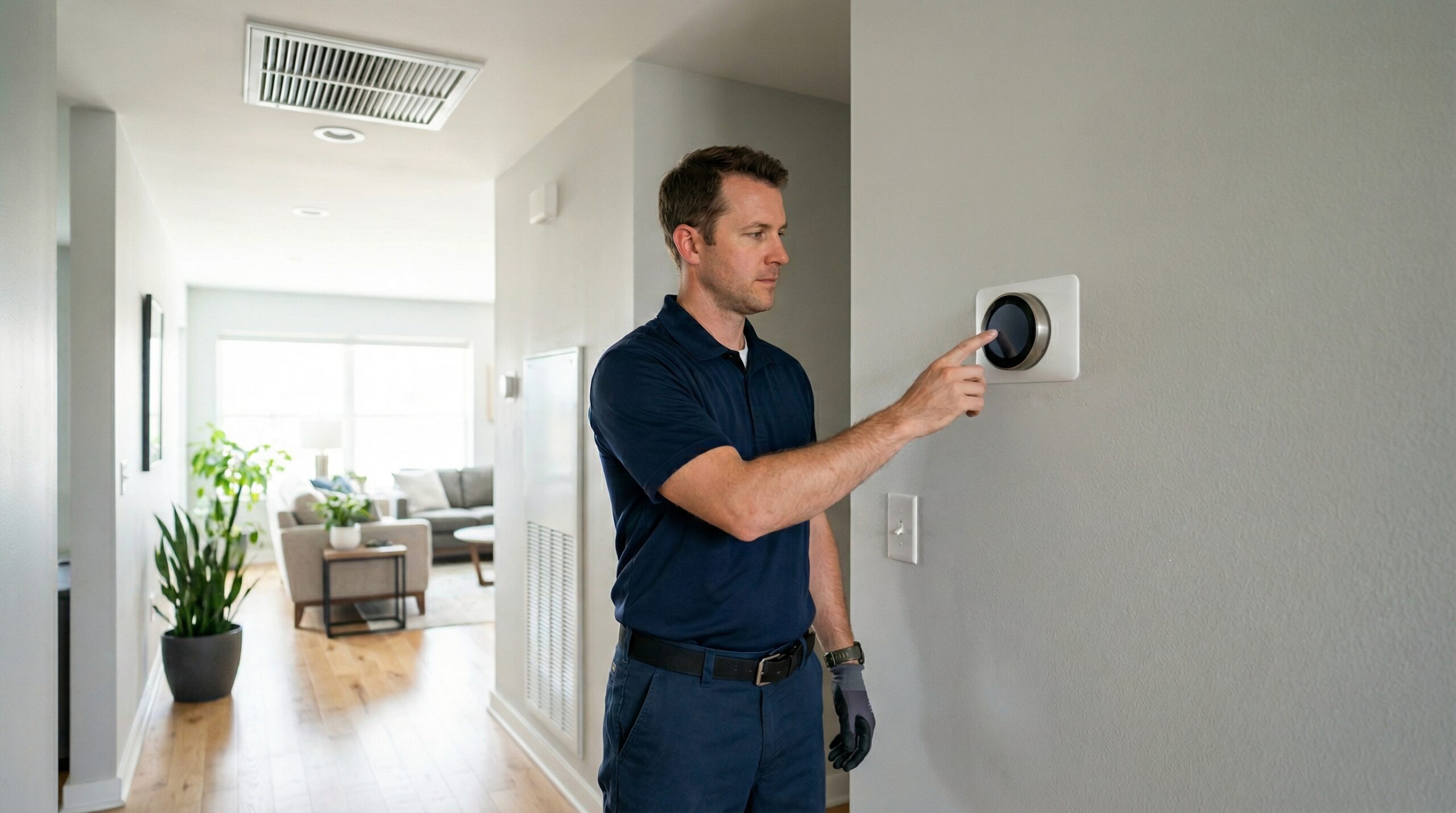 HVAC technician adjusting smart thermostat in residential home with supply vent visible