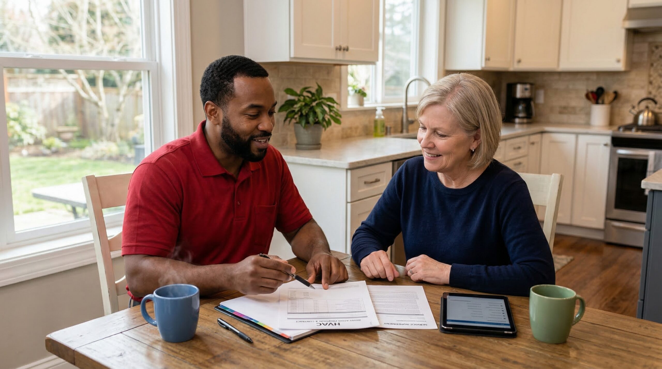 HVAC contractor and homeowner reviewing installation paperwork at kitchen table