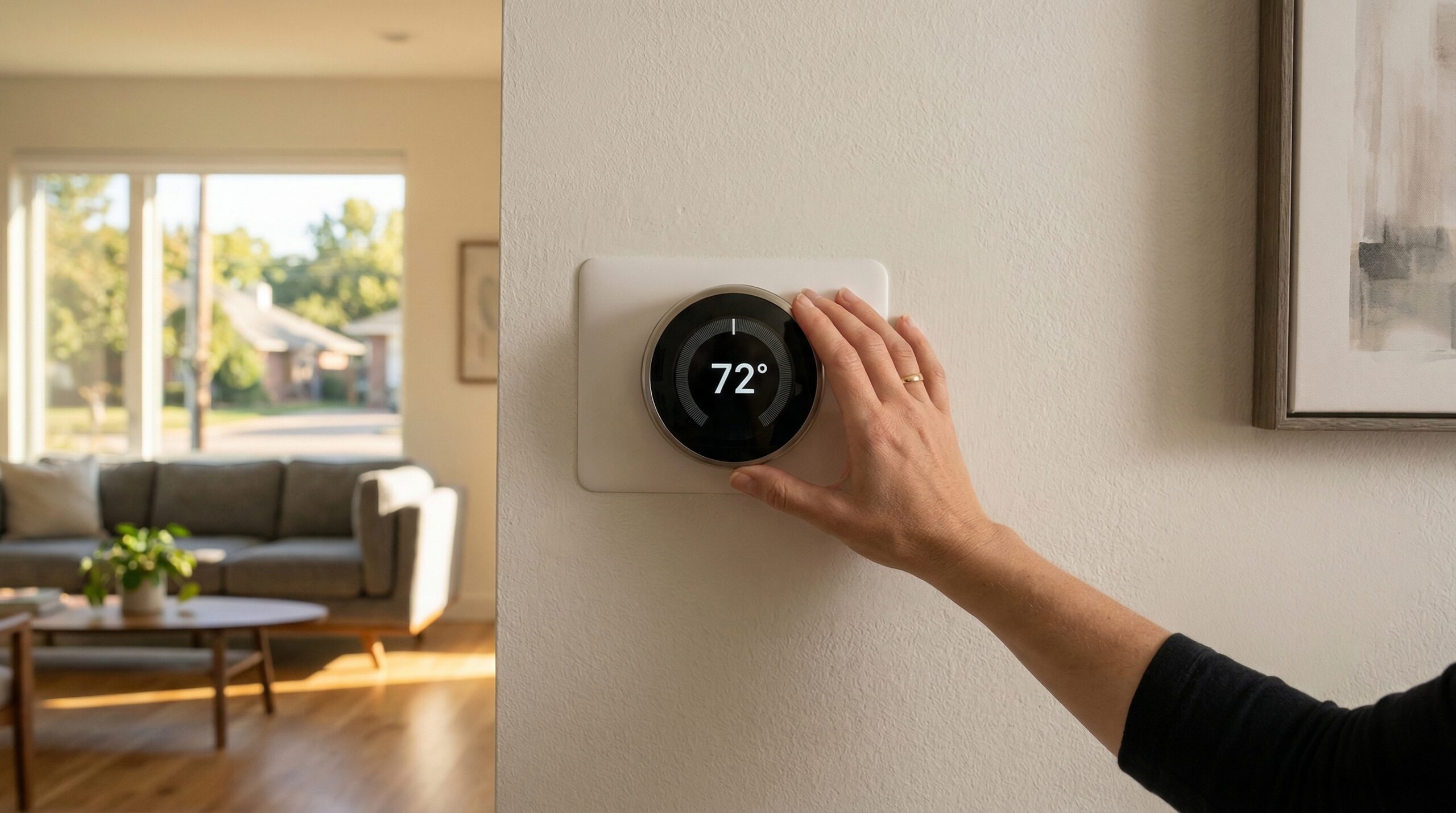 Homeowner adjusting smart thermostat in Oklahoma home