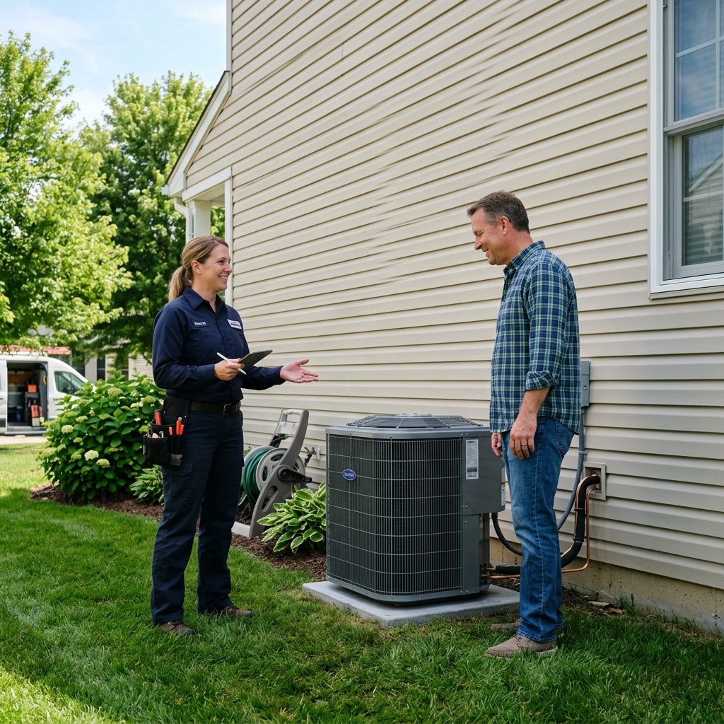 HVAC technician and homeowner beside newly installed system