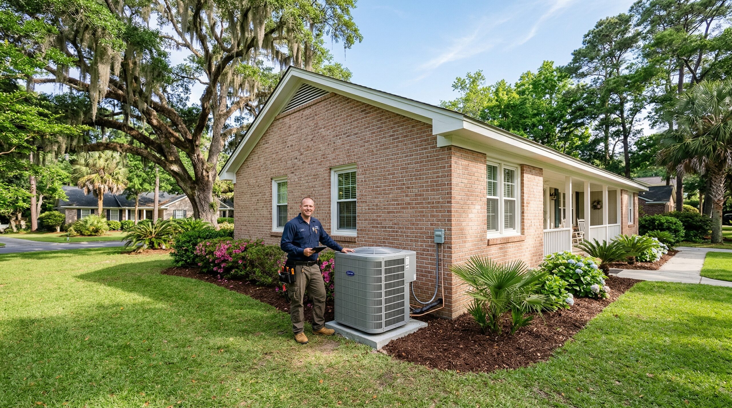HVAC technician working on AC condenser beside Charleston SC suburban home, green lawn, concrete pad, vinyl siding
