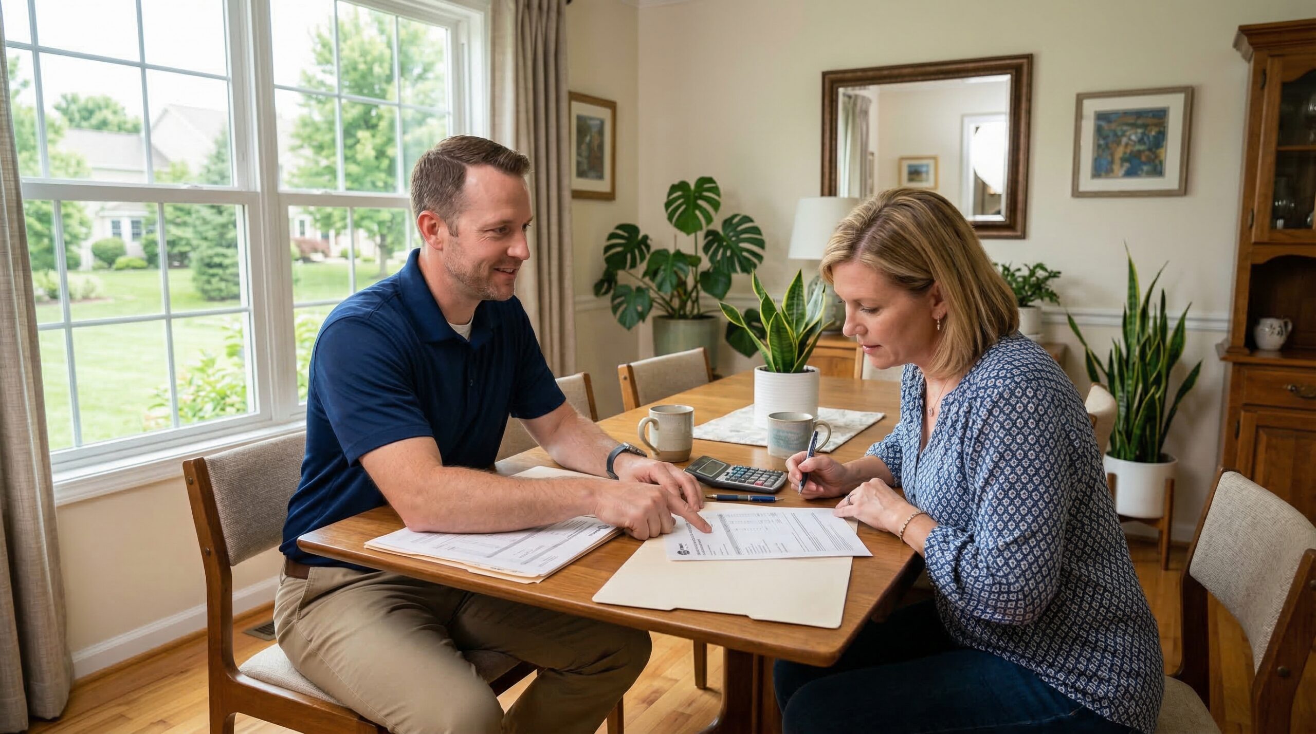 HVAC contractor reviewing replacement quote with homeowners in Concord NC home