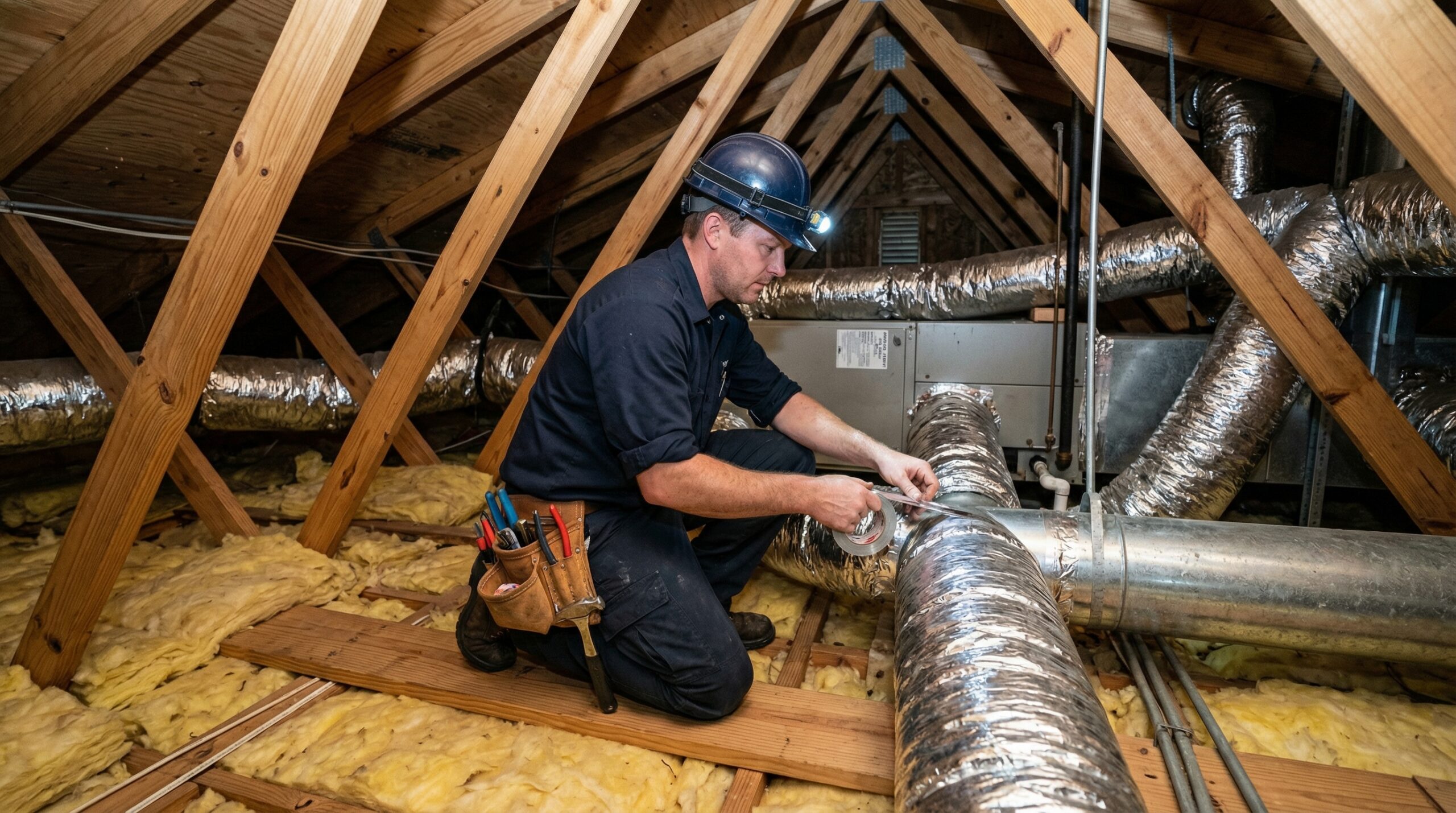 HVAC technician sealing insulated ductwork in a Georgia home attic