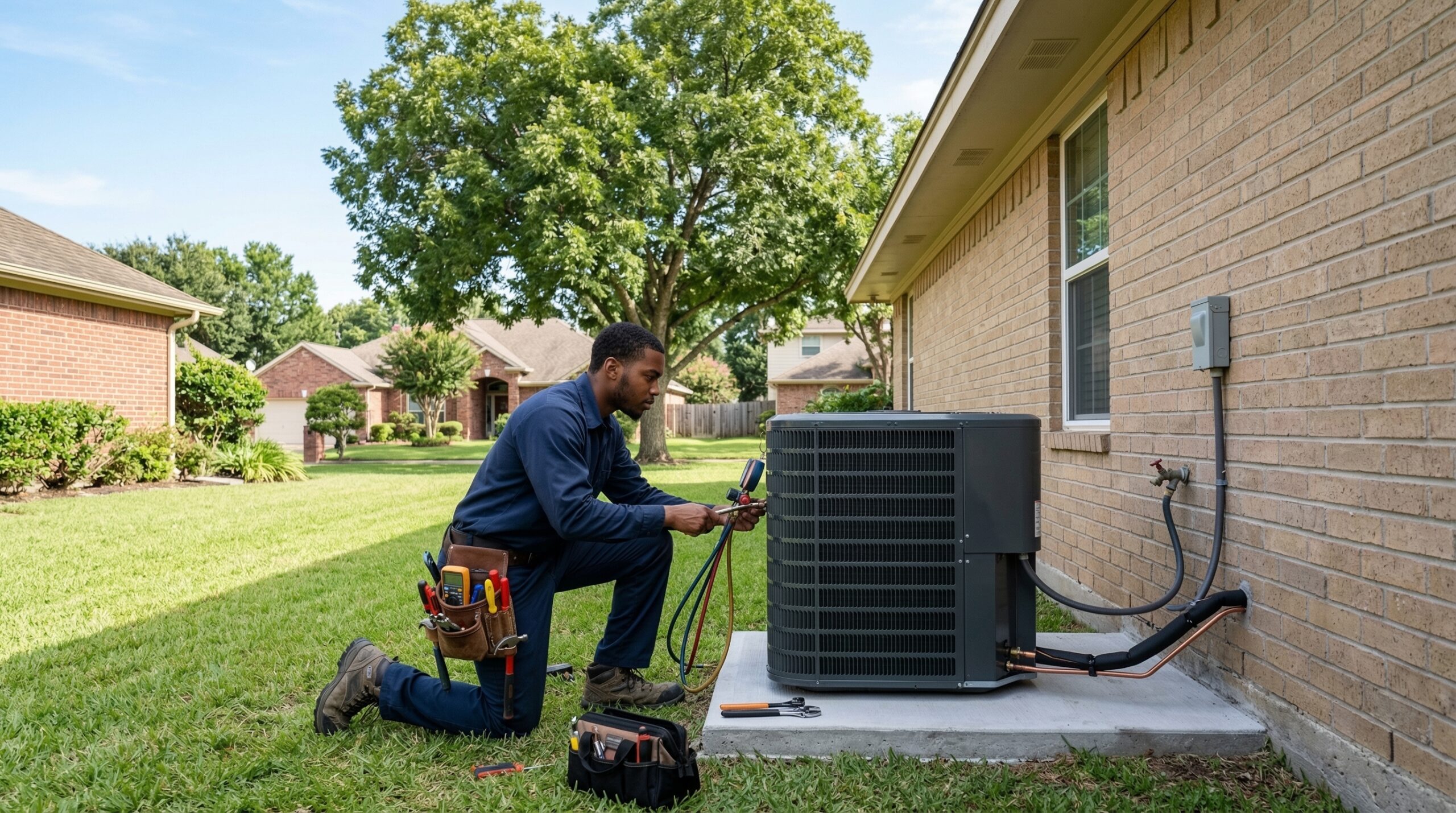 HVAC technician inspecting newly installed AC condenser outside Houston TX suburban home, brick ranch-style house, green lawn
