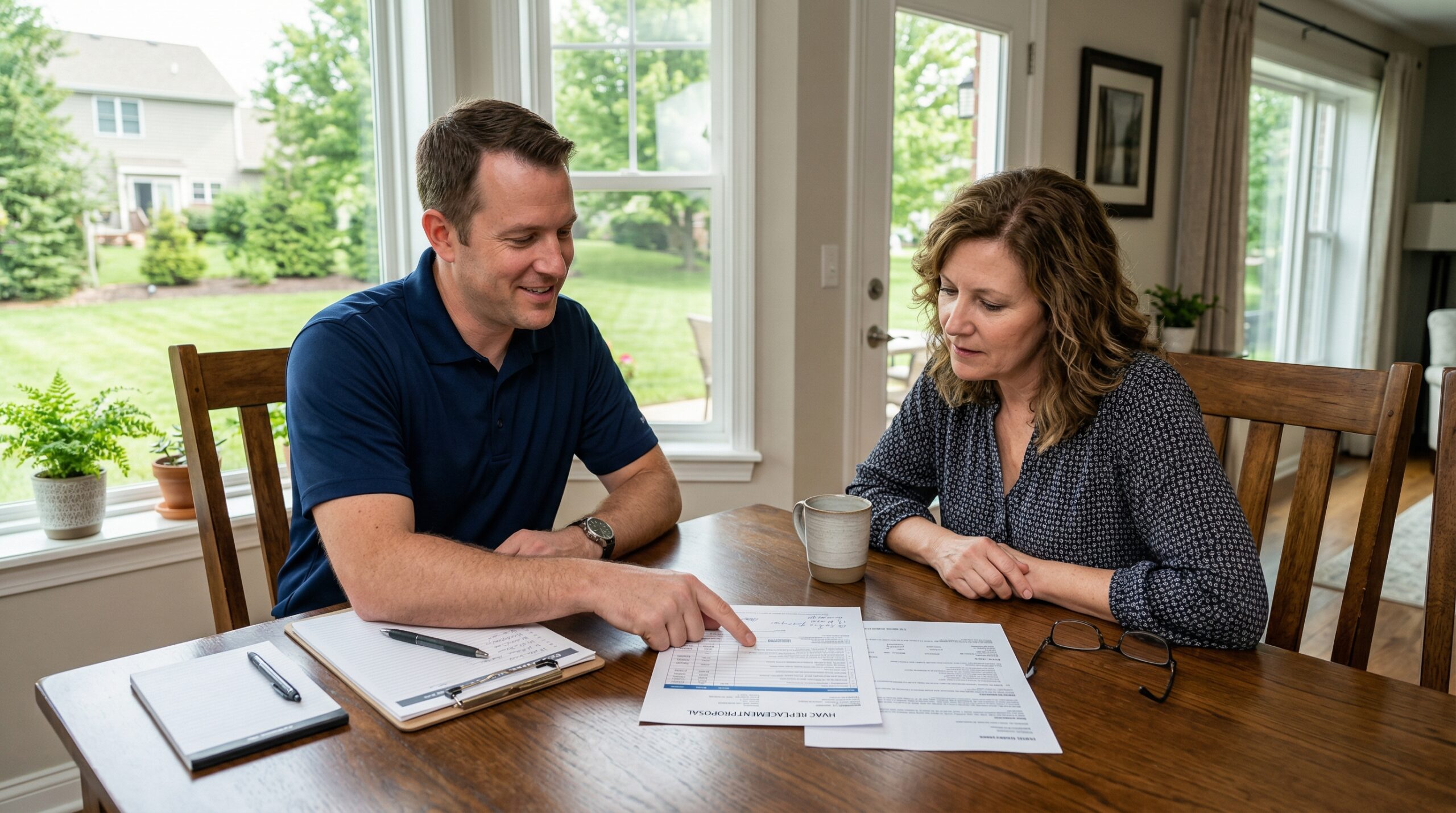 Mobile home exterior with HVAC package unit on concrete pad, manufactured home HVAC replacement