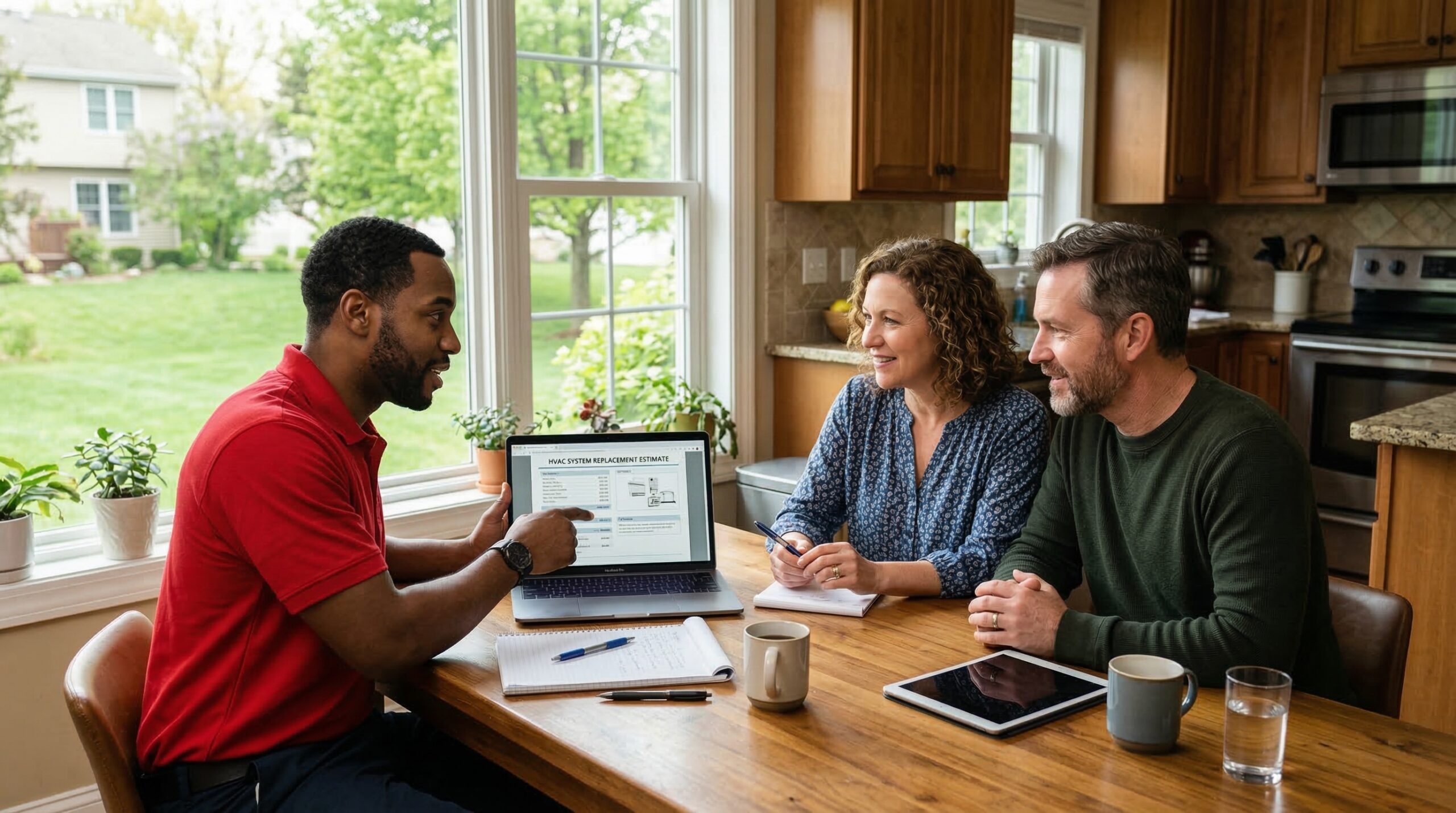 HVAC technician seated across from homeowners at modern kitchen table reviewing printed HVAC replacement quote