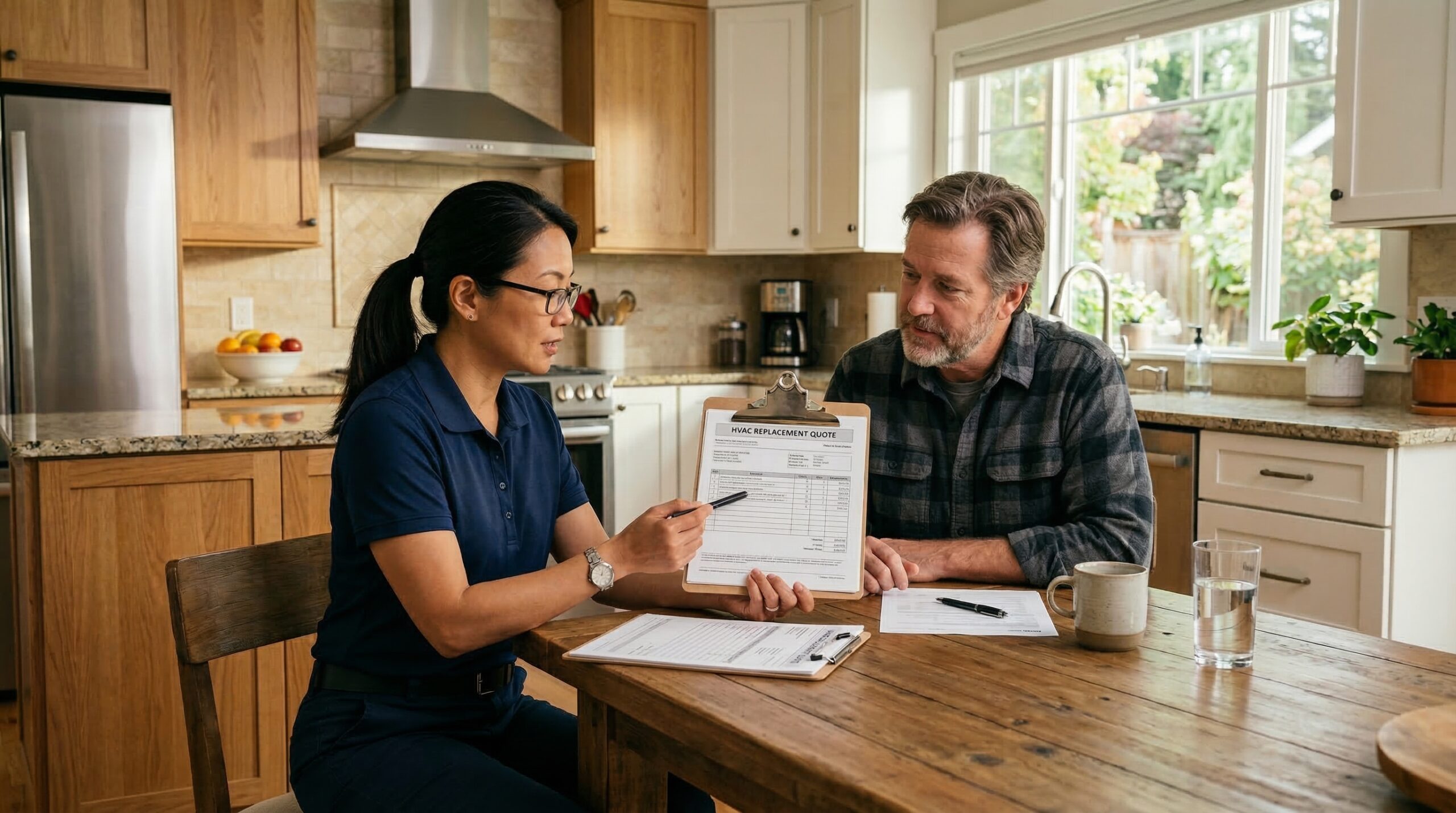 HVAC technician reviewing HVAC quote at kitchen table, North Carolina