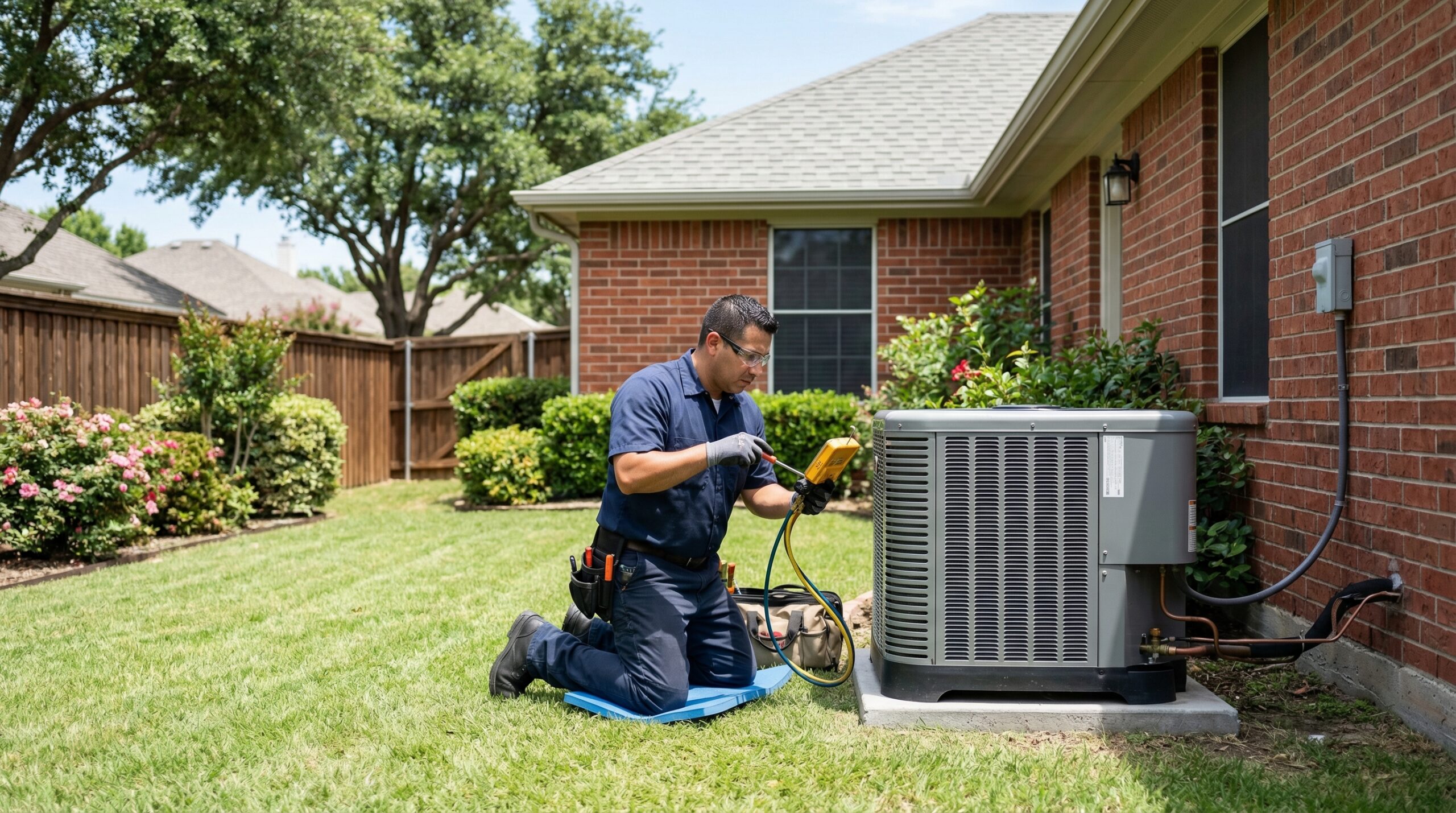 HVAC technician replacing AC condenser unit at a Plano, Texas home