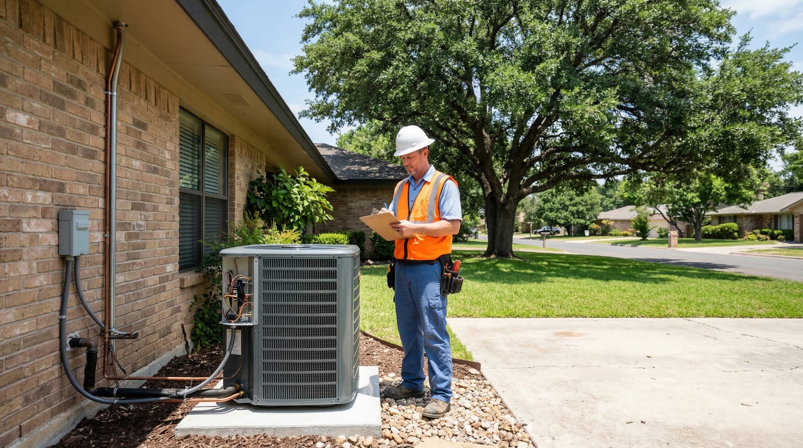 HVAC technician installing AC condenser outside San Antonio TX suburban home, stucco exterior, live oak tree